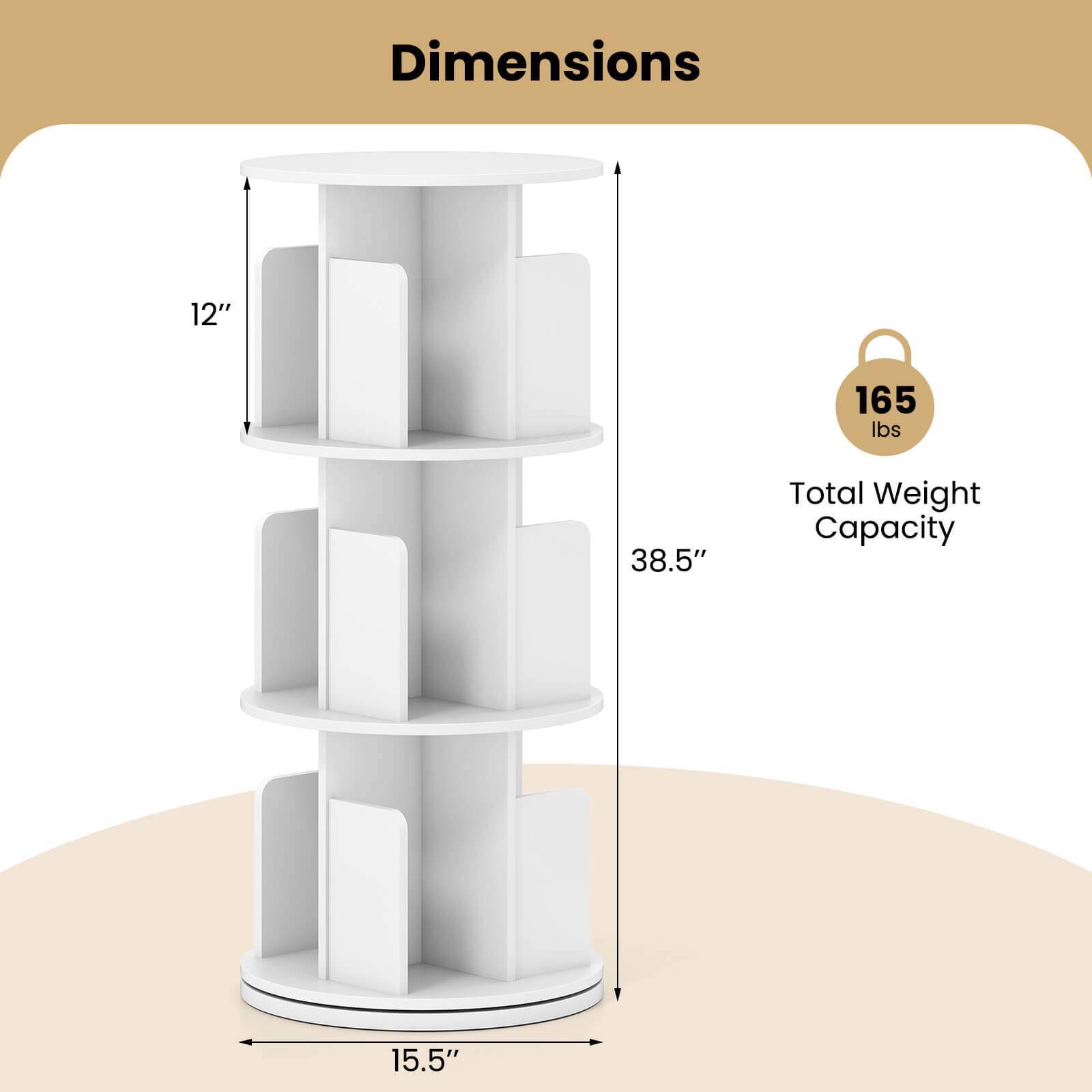 Dimensions:  
- Height: 38.5"  
- Width: 15.5"  
- Depth: 12"  

Total Weight Capacity: 165 lbs