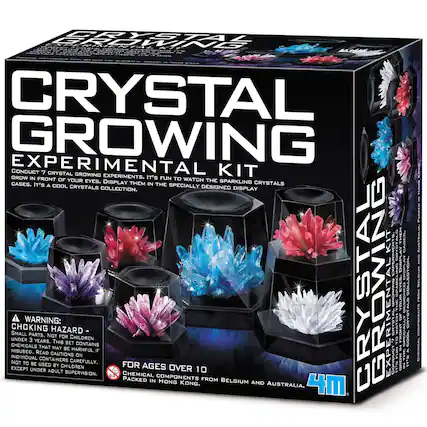 CRYSTAL GROWING EXPERIMENTAL KIT
CONDUCT 7 CRYSTAL GROWING EXPERIMENTS. IT'S FUN TO WATCH THE GROW IN FRONT OF YOUR EYES. DISPLAY THEM SPARKLING CRYSTALS IN THE SPECIALLY DESIGNED CASES. IT'S A COOL CRYSTALS COLLECTION.
WARNING: CHOKING HAZARD - SMALL PARTS. NOT FOR CHILDREN UNDER 3 YEARS. THIS SET MAY BE HARMFUL IF MISUSED. READ CAUTIONS ON BACK. CHEMICAL COMPONENTS FROM BELGIUM AND AUSTRALIA. PACKED IN HONG KONG.
FOR AGES OVER 10
4M