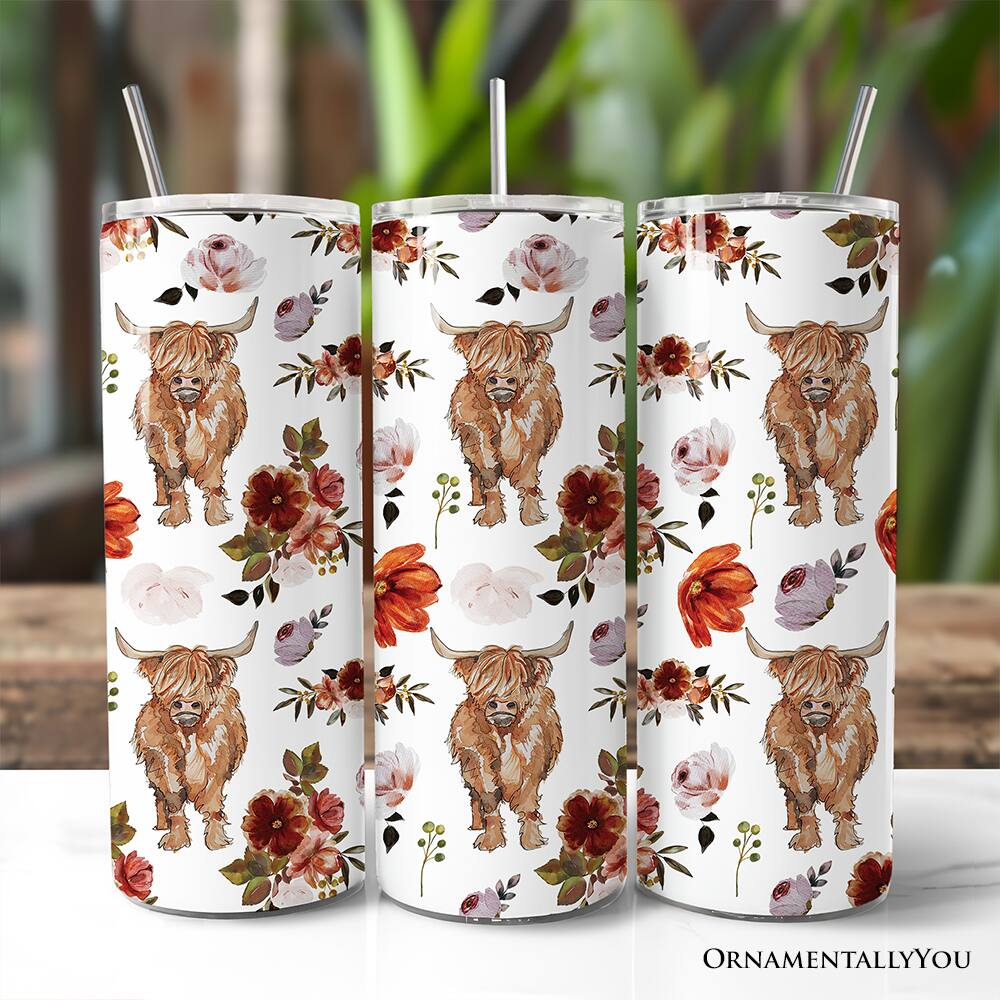 Back. OrnamentallyYou - Highland Cow Floral 20oz Tumbler With Stainless Steel Straw, Chic Western Farmhouse Gift Cup - Multicolored.