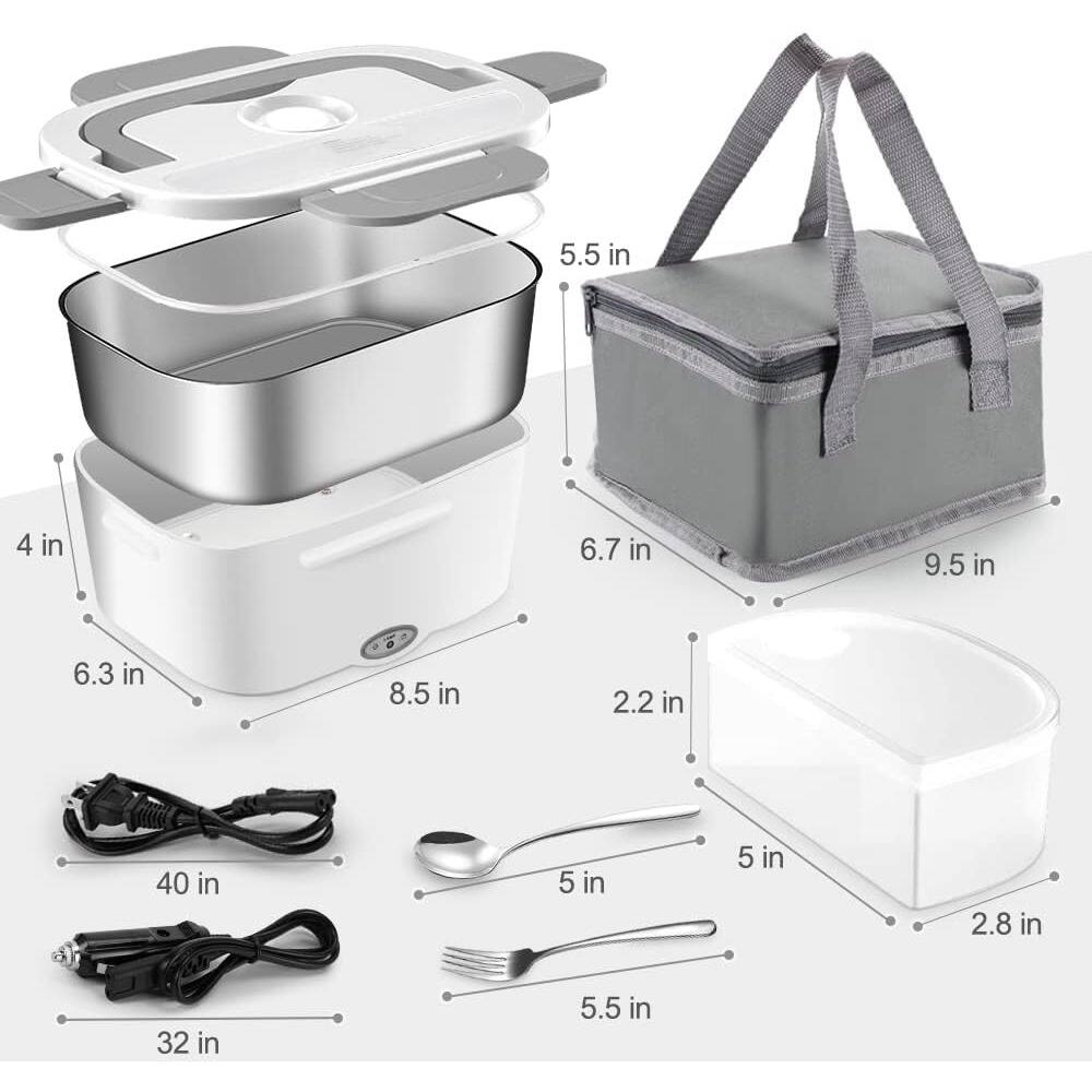 Sure, here is the corrected and grouped text from the image:

- **Main Container:**
  - 5.5 in (height)
  - 6.7 in (width)
  - 9.5 in (length)
  - 2.2 in (depth)

- **Base:**
  - 4 in (height)
  - 6.3 in (width)
  - 8.5 in (length)

- **Lid:**
  - 5 in (height)
  - 5 in (width)
  - 2.8 in (depth)

- **Cables:**
  - 40 in (length)
  - 32 in (length)

- **Utensils:**
  - 5.5 in (length)
  - 5 in (length)