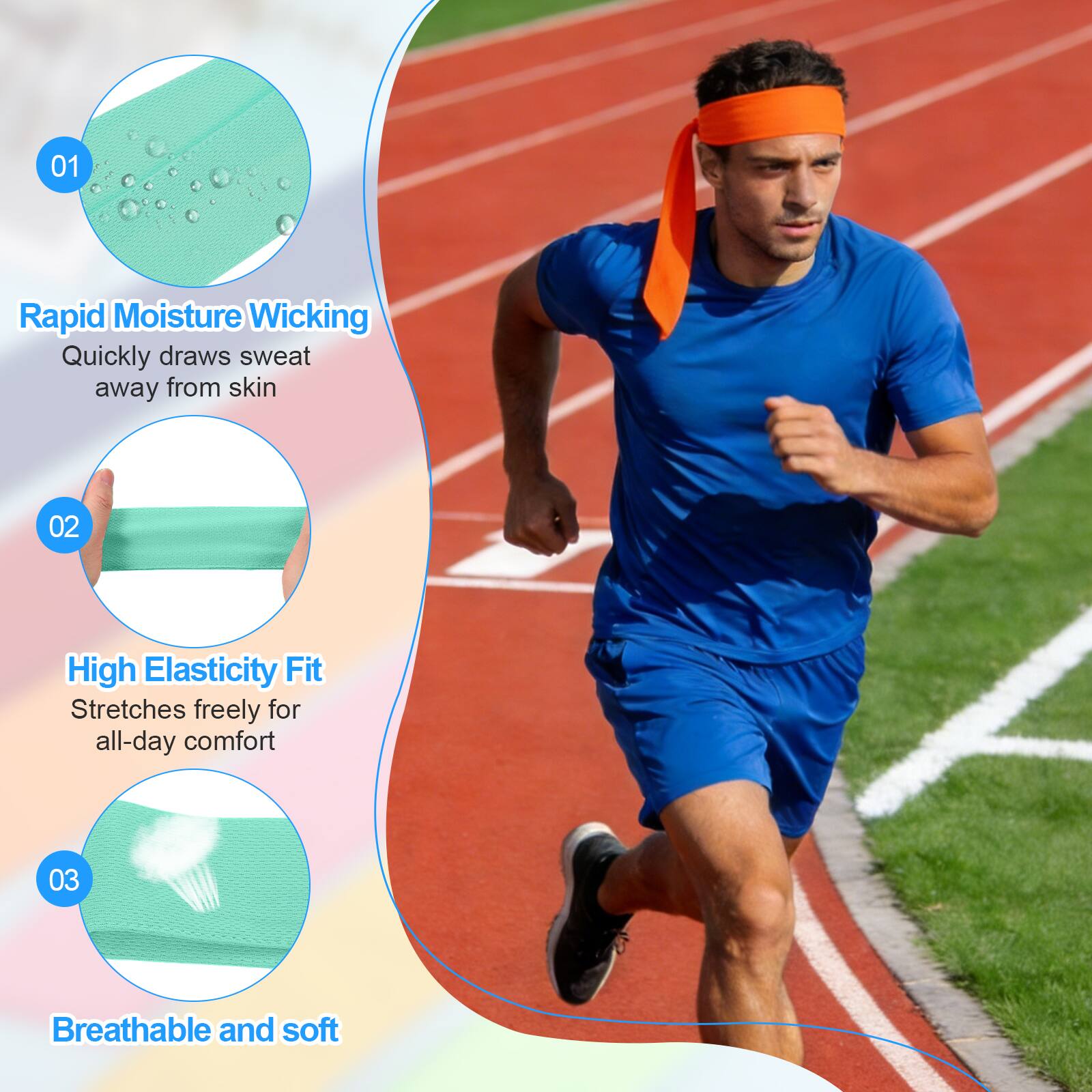 01 Rapid Moisture Wicking: Quickly draws sweat away from skin  
02 High Elasticity Fit: Stretches freely for all-day comfort  
03 Breathable and soft
