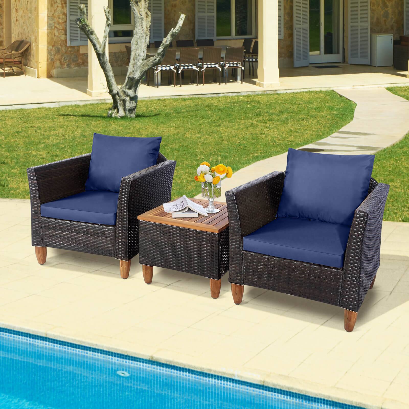 Alt View 1. Costway - Costway 3PCS Patio Wicker Rattan Sofa Set Furniture Outdoor Acacia Wood Conversation - Navy.