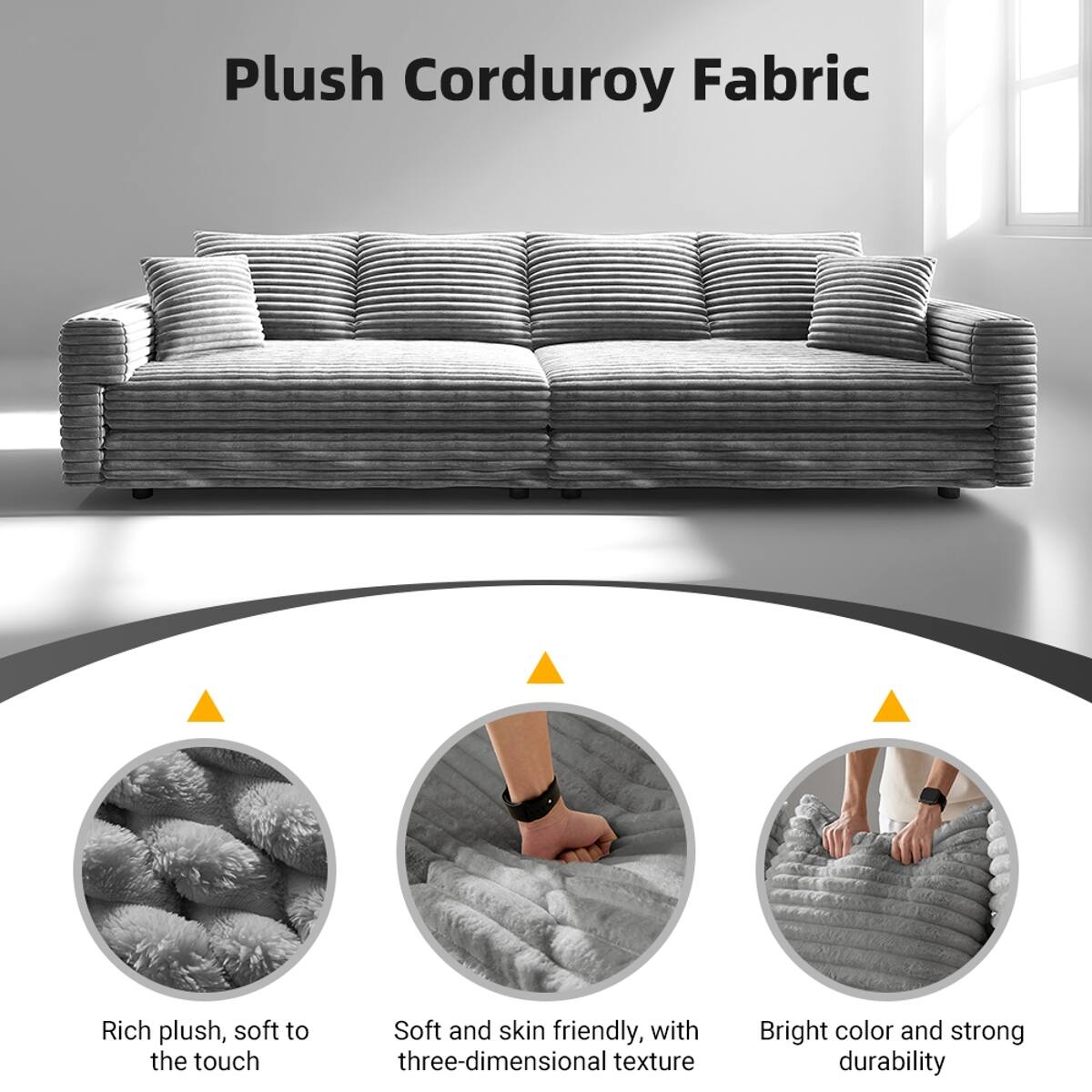 Ropilly Grey Living Room Sofa, 4 Seat Corduroy Sofa with Deep Seat ...