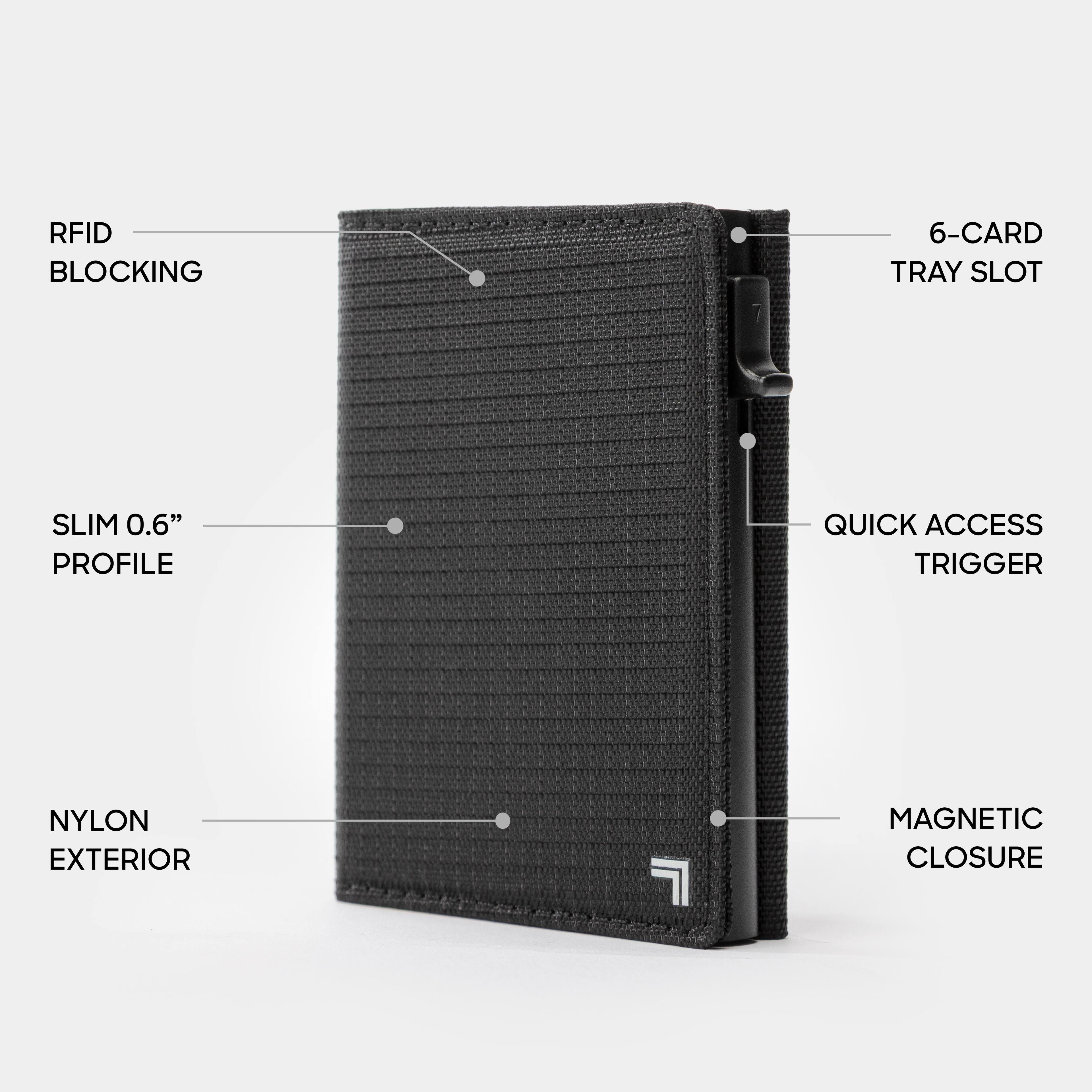 RFID BLOCKING 6-CARD TRAY SLOT SLIM 0.6" PROFILE QUICK ACCESS TRIGGER NYLON EXTERIOR MAGNETIC CLOSURE