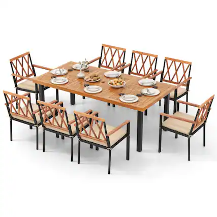 Front. Mondawe - 9 Pieces Patio Dining Set 39.5 Inch Acacia Wood Table with Umbrella Hole and 22.5-Inch Wide Chairs - Natural and Black.