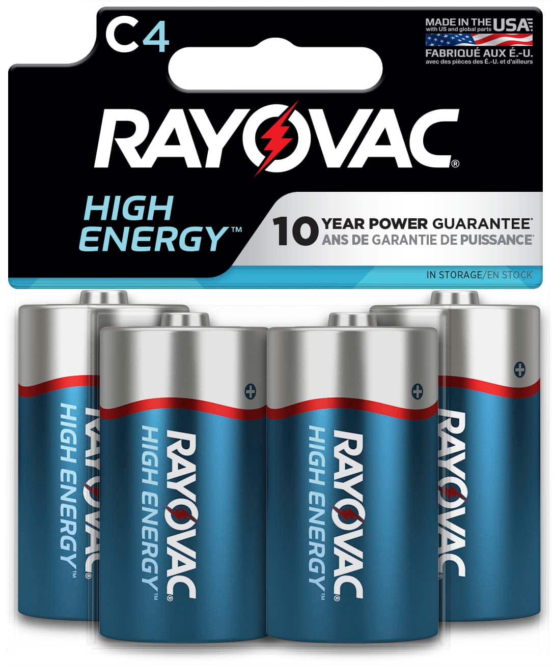 The text on the image is in French, so I cannot provide a proper grouping and correction. However, I can provide a general description of the image. The image features a blue box with four batteries inside, each labeled "Rayovac." The batteries are arranged in a way that they appear to be standing up, and they are all of the same type. The box is likely a pack of high-energy batteries, as indicated by the label.