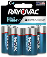 The text on the image is in French, so I cannot provide a proper grouping and correction. However, I can provide a general description of the image. The image features a blue box with four batteries inside, each labeled "Rayovac." The batteries are arranged in a way that they appear to be standing up, and they are all of the same type. The box is likely a pack of high-energy batteries, as indicated by the label.