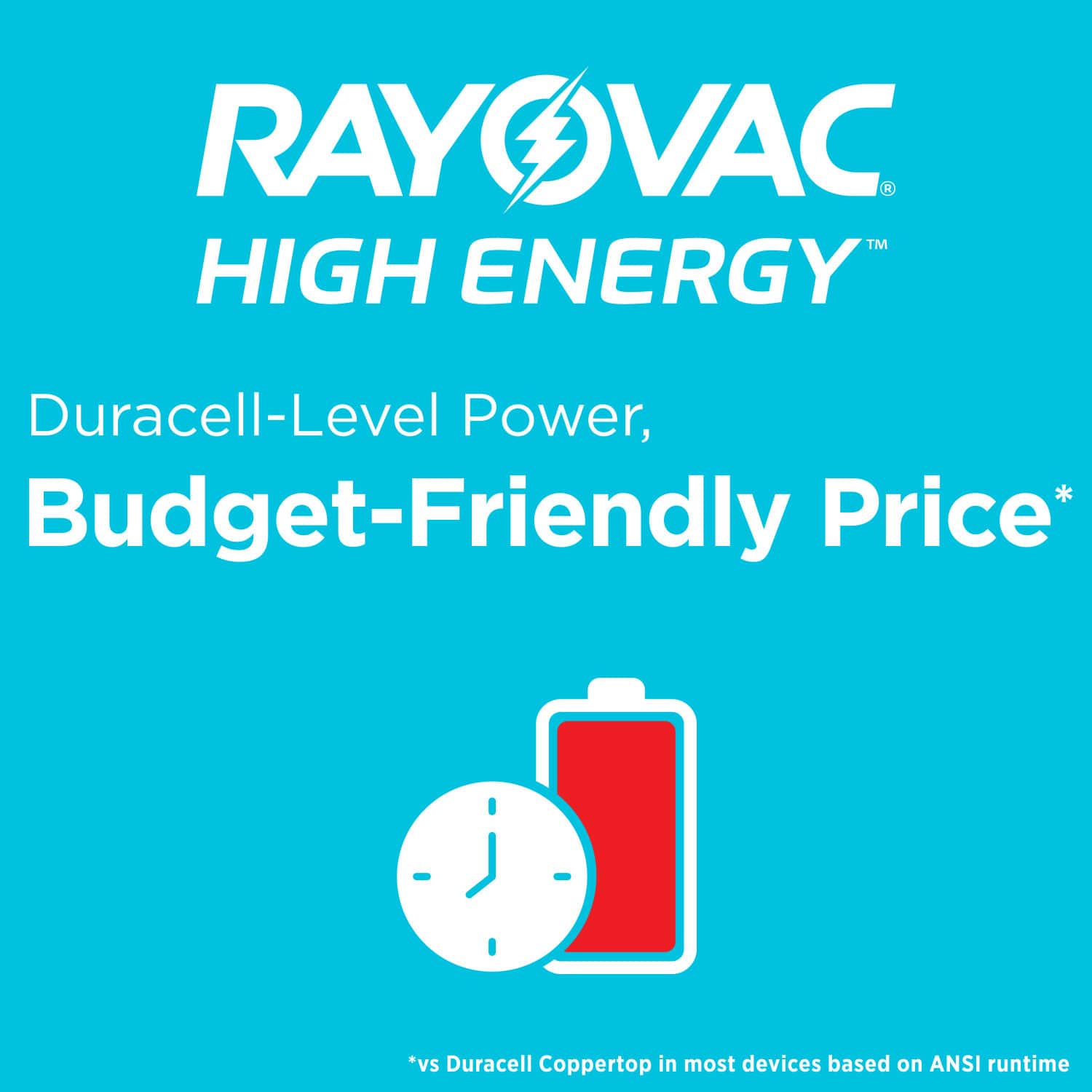 RAYOVA VAC TM HIGH ENERGY Duracell-Level Power, Budget-Friendly Price* *vs Duracell Coppertop in most devices based on ANSI runtime