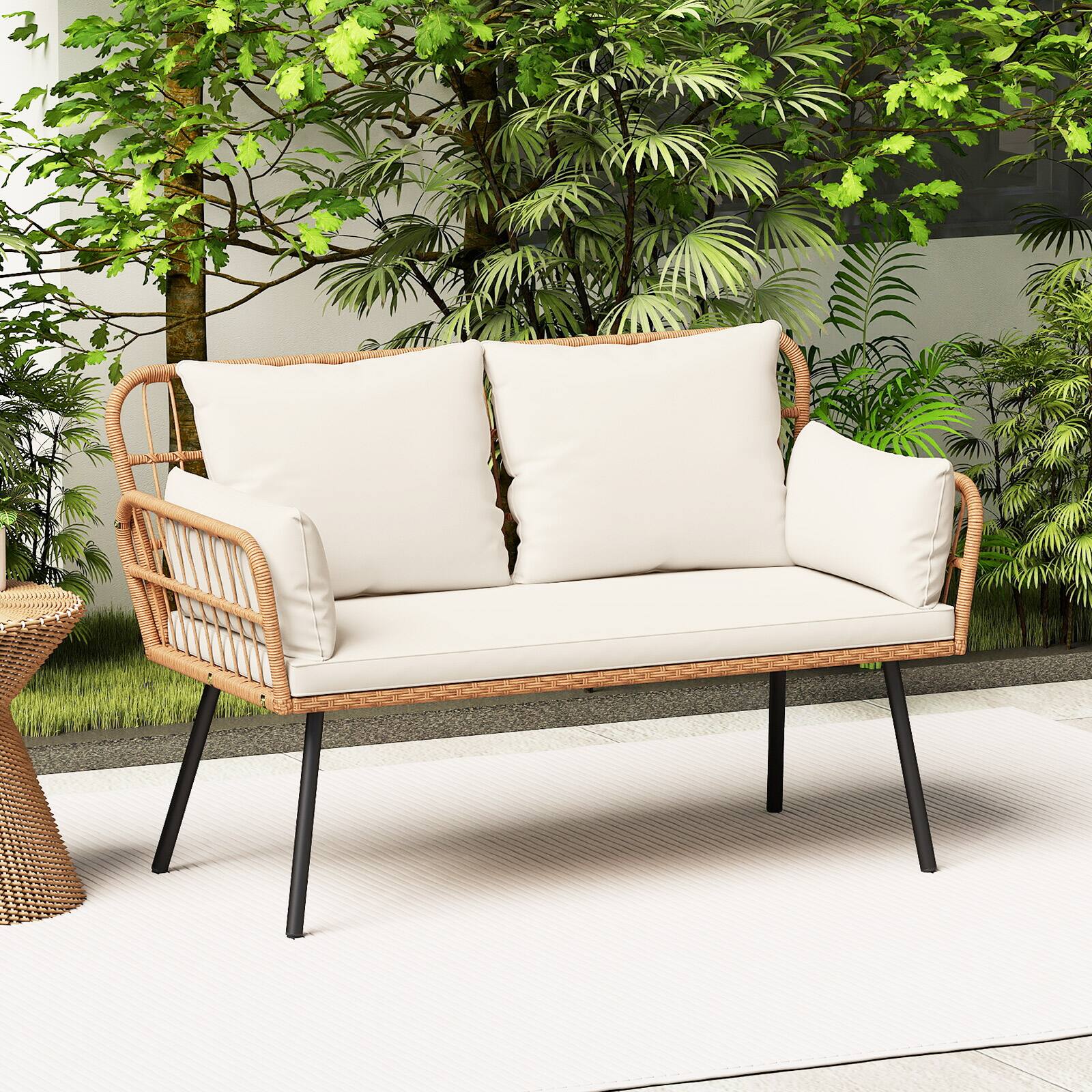 Alt View 1. Gymax - Gymax Patio Wicker Loveseat Furniture w/Seat Back Cushions Heavy-Duty Metal Legs Outdoor White - White.