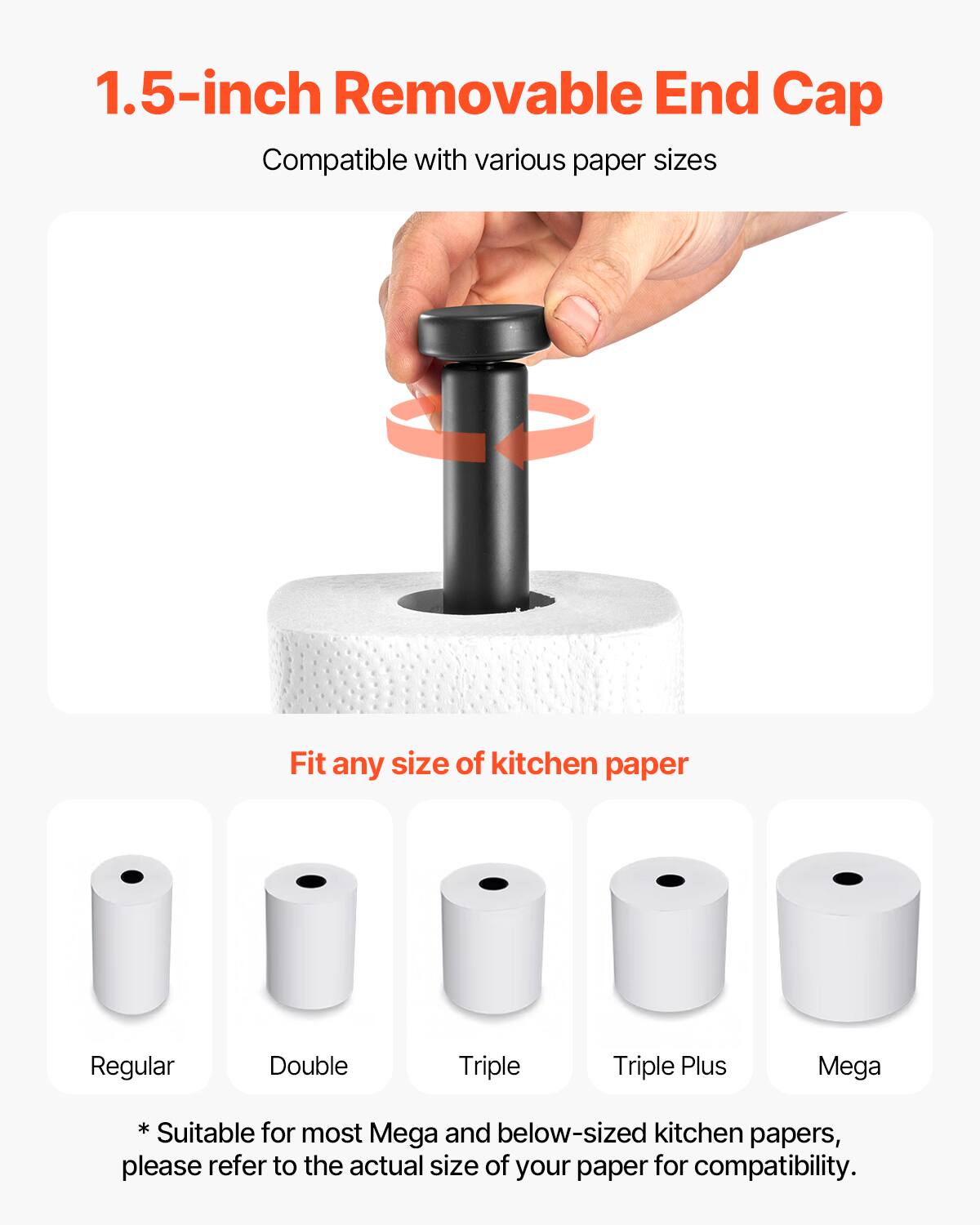 1.5-inch Removable End Cap  
Compatible with various paper sizes  

Fit any size of kitchen paper  

Regular  
Double  
Triple  
Triple Plus  
Mega  

* Suitable for most Mega and below-sized kitchen papers, please refer to the actual size of your paper for compatibility.
