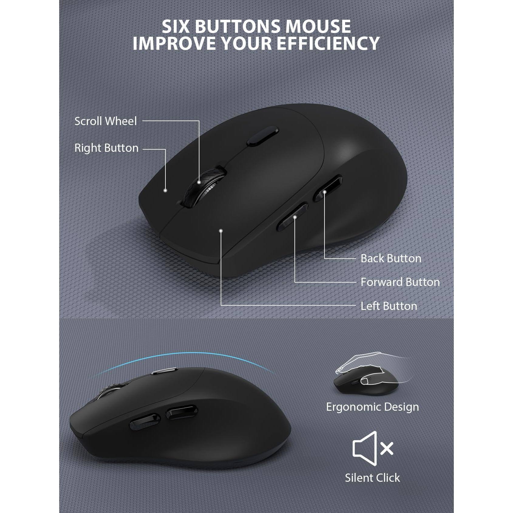 SIX BUTTONS MOUSE  
IMPROVE YOUR EFFICIENCY  

Scroll Wheel  
Right Button  
Back Button  
Forward Button  
Left Button  

Ergonomic Design  
Silent Click