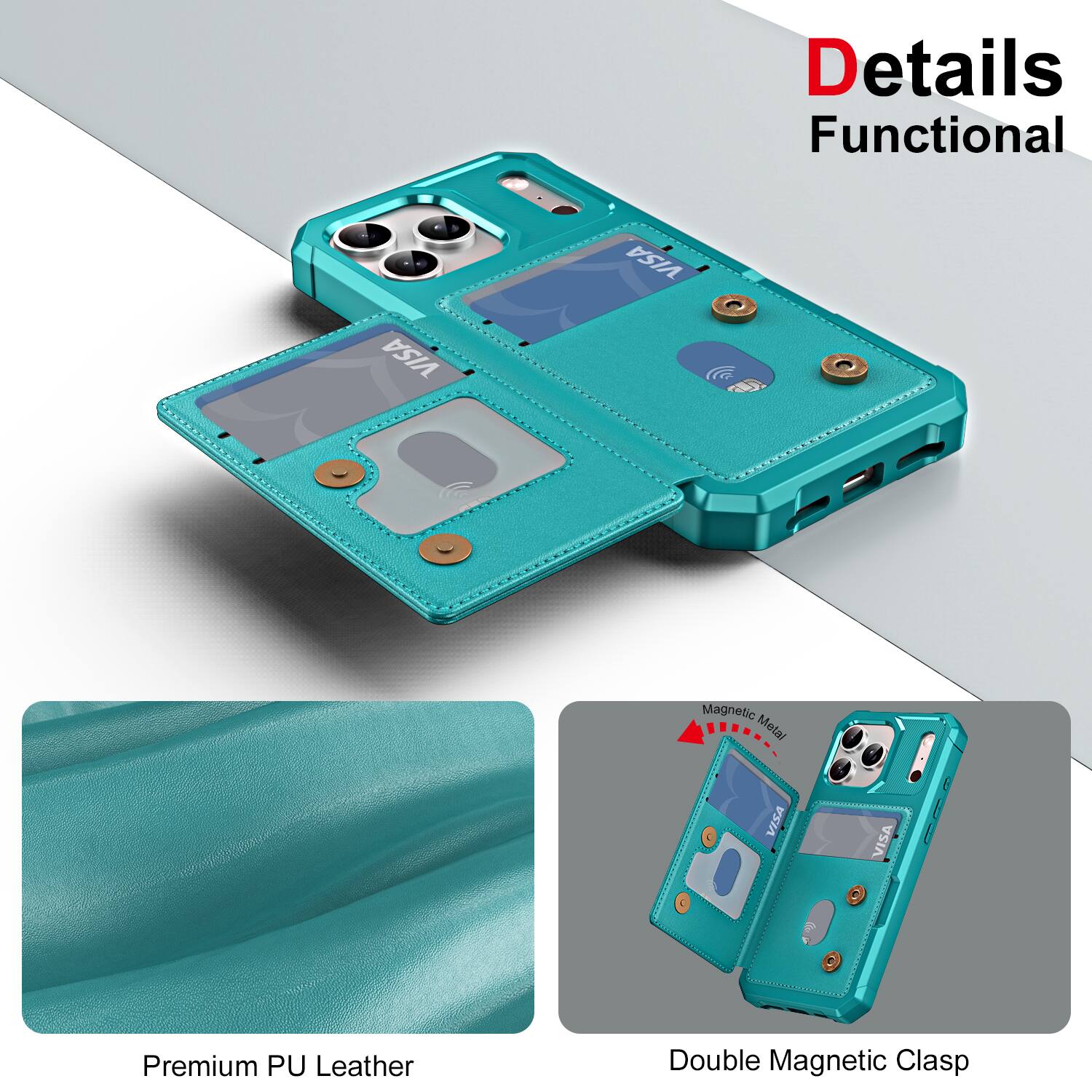 Details Functional  
VISA  
Premium PU Leather  
Double Magnetic Clasp  
Magnetic Metal
