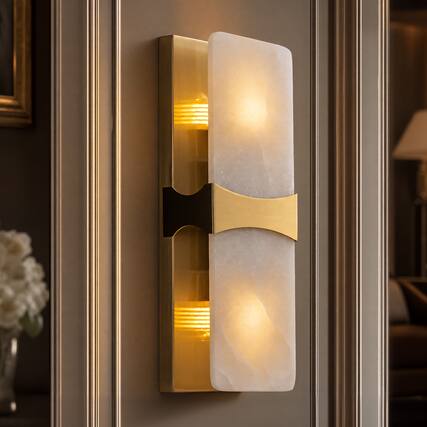 Front. Siljoy - 17 Inch Light Luxury Flat Alabaster Wall Sconce Modern Light Luxury Brass Finish For Living Room Bedroom - Gold.
