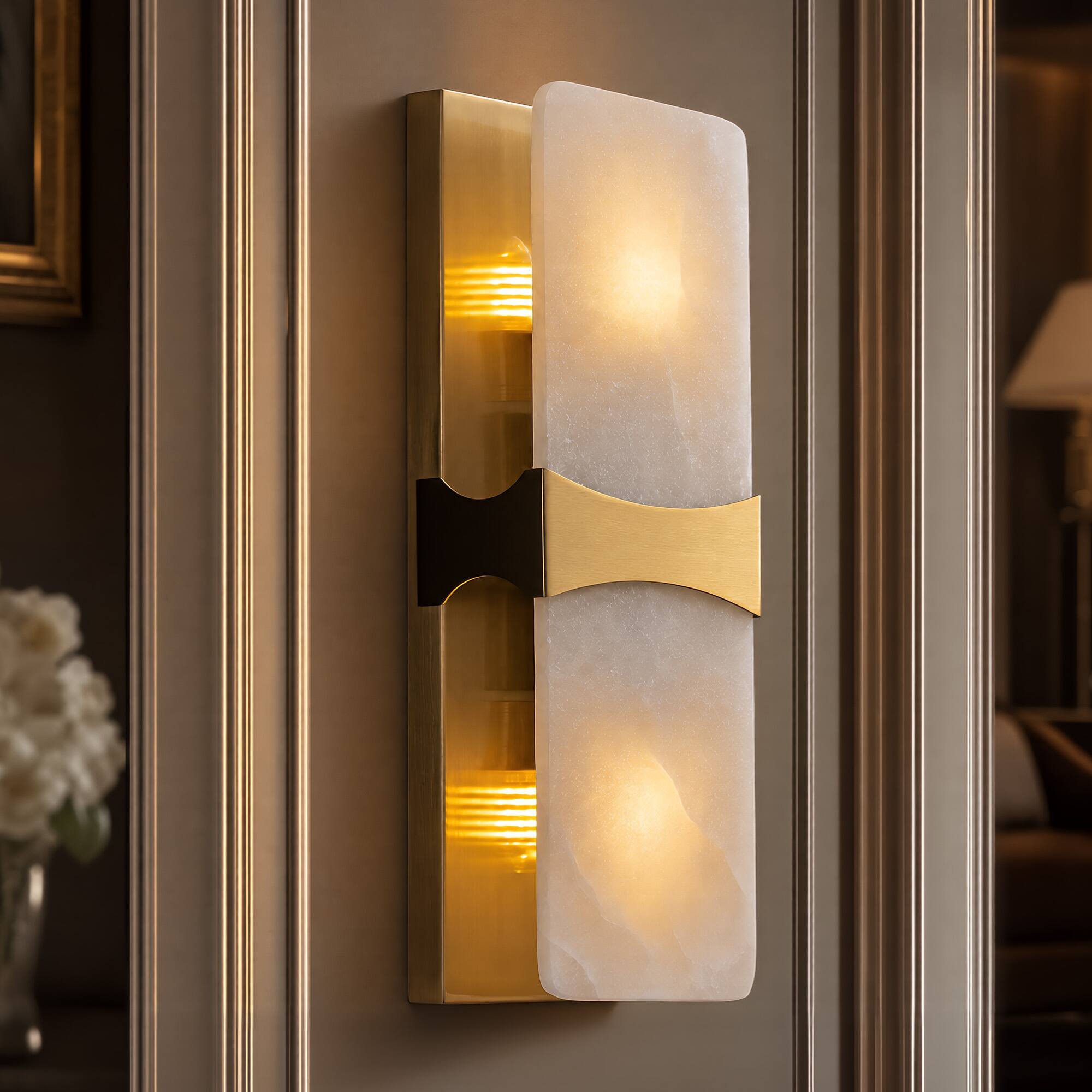 Front. Siljoy - 17 Inch Light Luxury Flat Alabaster Wall Sconce Modern Light Luxury Brass Finish For Living Room Bedroom - Gold.