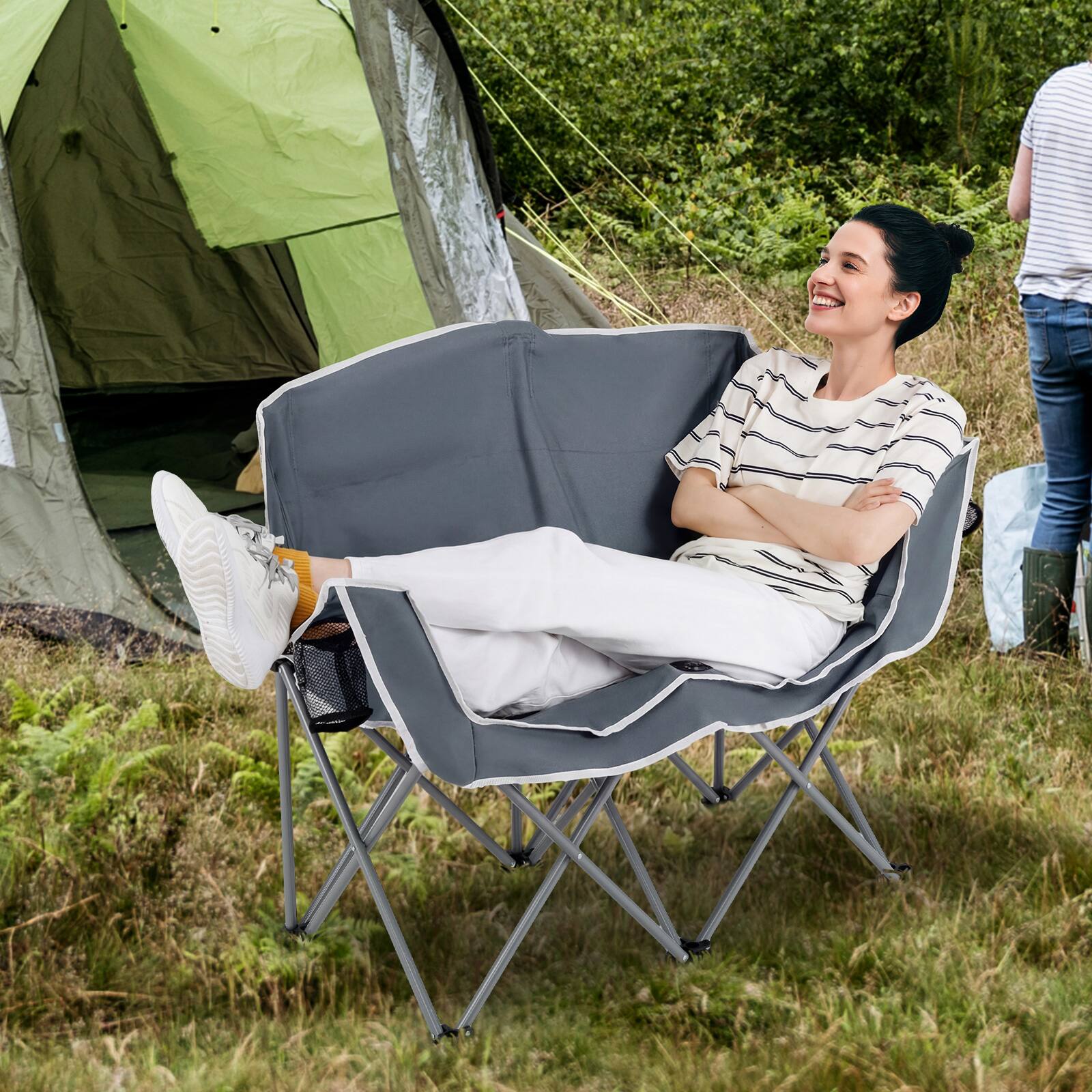 Alt View 3. Costway - Costway Double Duo Camping Chair with Armrests Cup Holders Carry Bag Heavy Duty Lawn Chair - Gray.