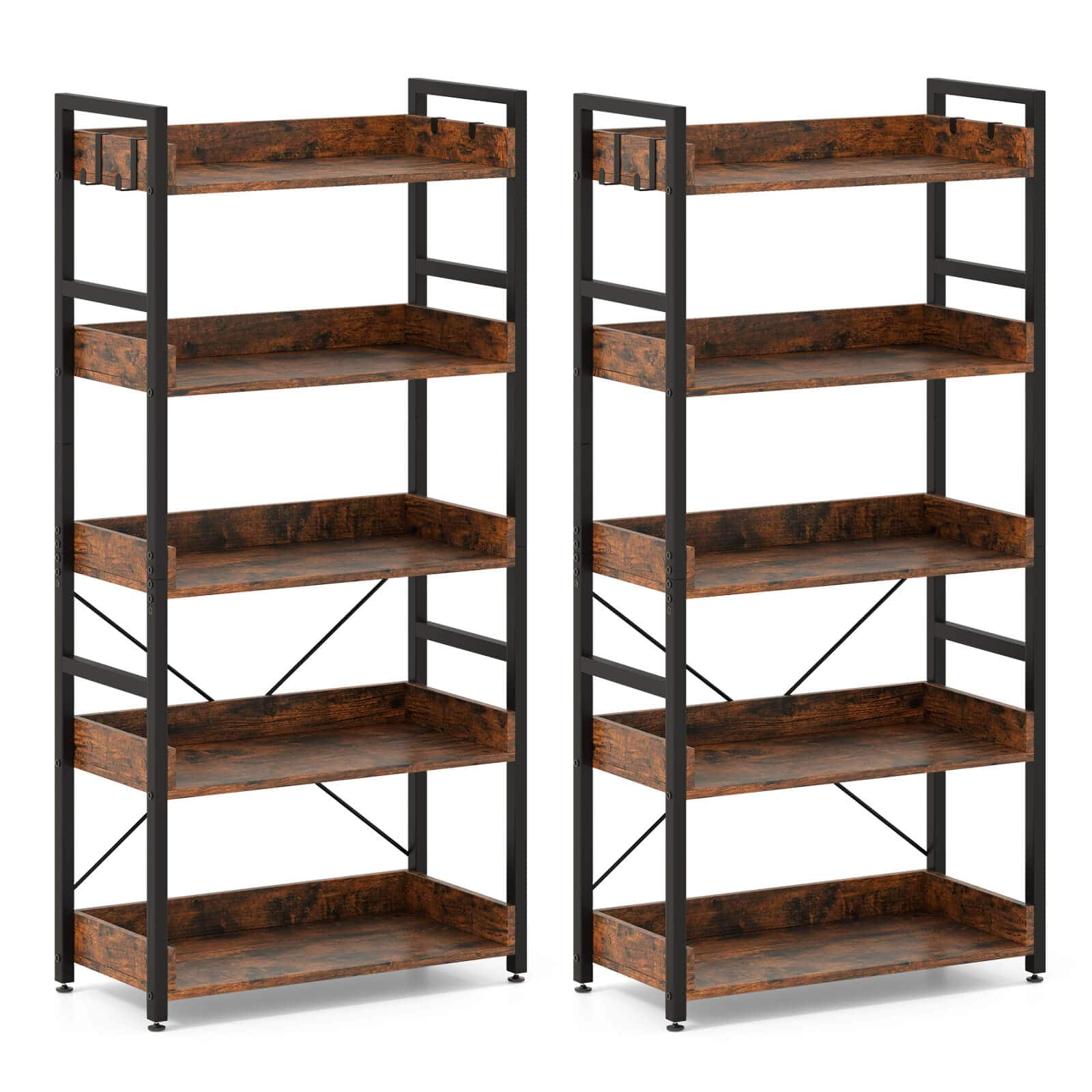 Costway - 2 PCS 5-Tier Storage Rack with 4 Hooks Open Display Shelves Metal Frame Display - Rustic Brown,Black