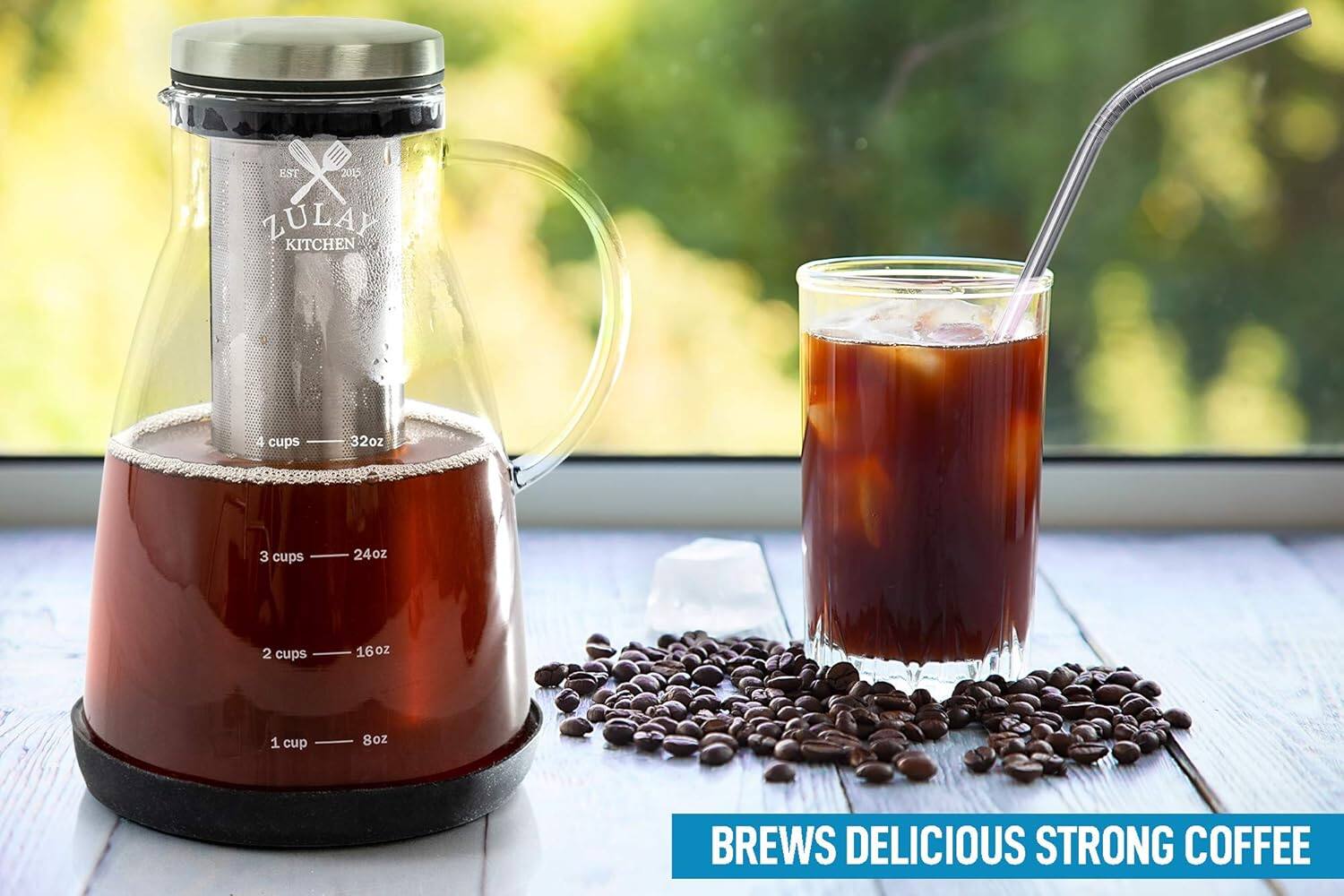 Angle. Zulay Kitchen - Zulay Kitchen Airtight Cold Brew Coffee Maker with Glass Carafe, Stainless Steel Mesh Filter and Non-Slip Silicone Base - Silver.