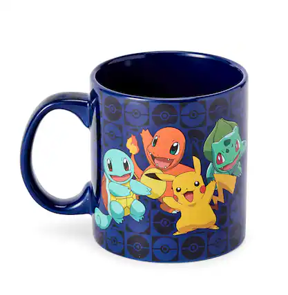 Front. Pokémon - Pokémon Original Generation One Starters Coffee Mug | Features Pikachu & More - Blue.