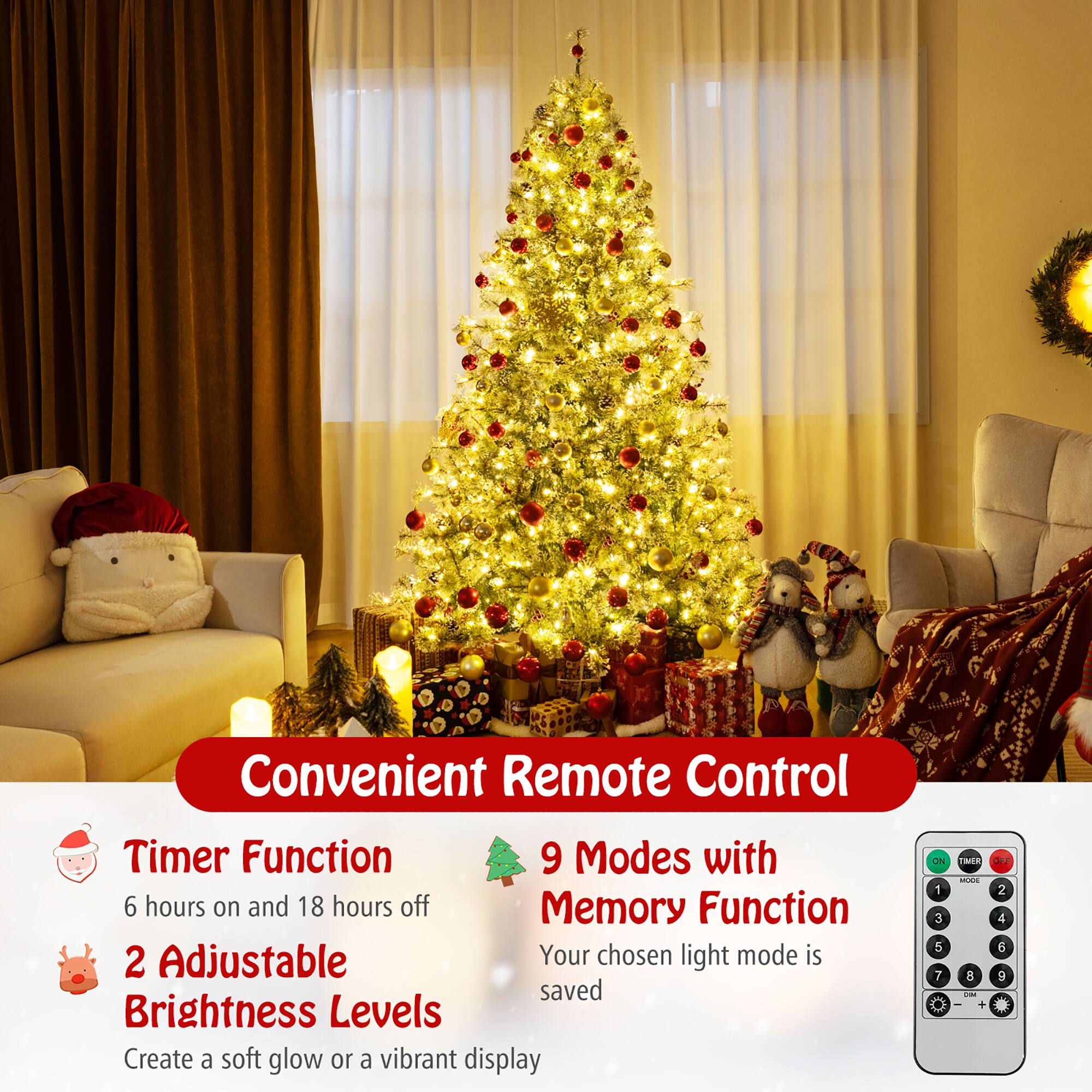 Convenient Remote Control

Timer Function  
6 hours on and 18 hours off

2 Adjustable Brightness Levels  
Create a soft glow or a vibrant display

9 Modes with Memory Function  
Your chosen light mode is saved