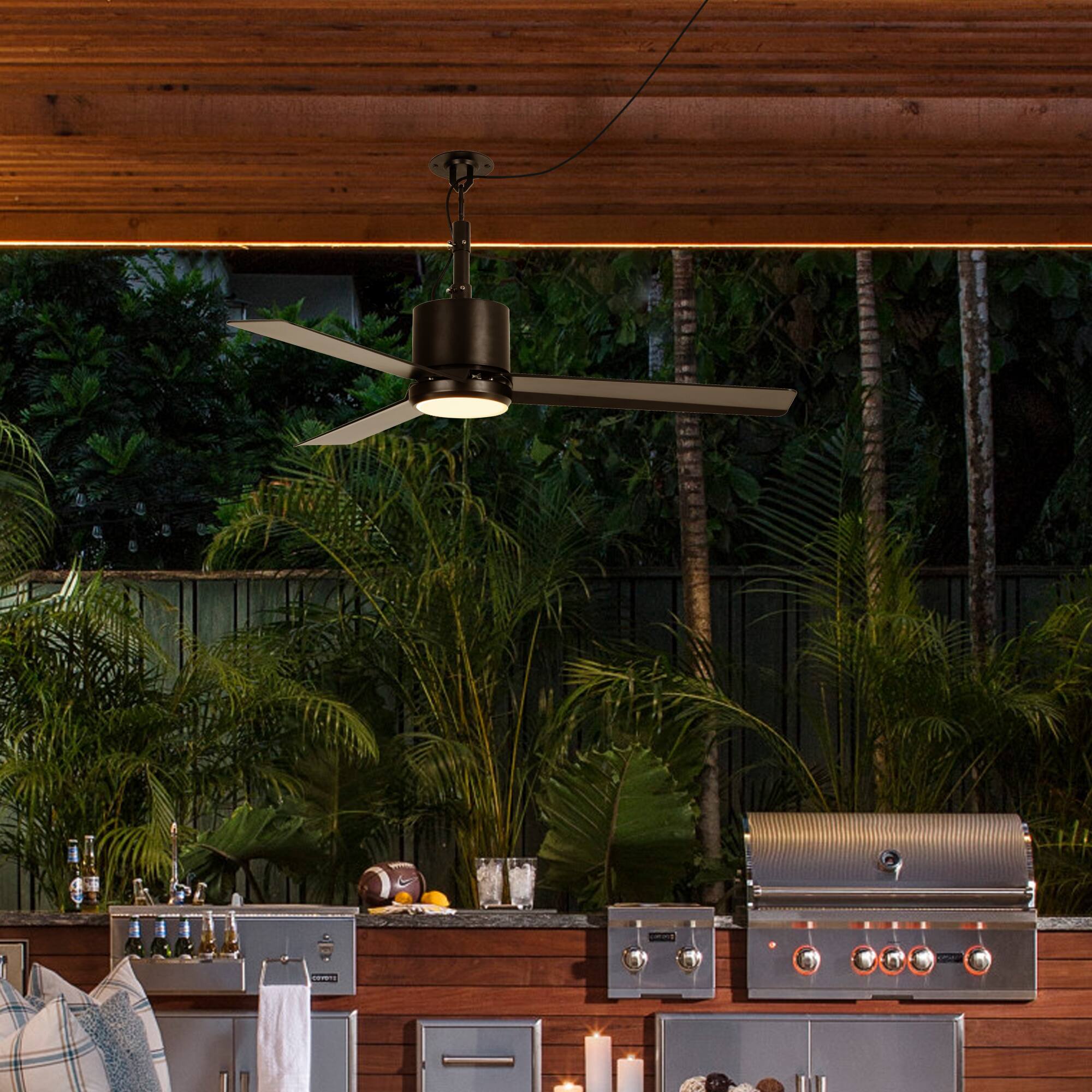 Back. Parrot Uncle - 42" Modern Black Waterproof Wet Outdoor Gazebo Hook Ceiling Fan with Light and Plug in - Black.