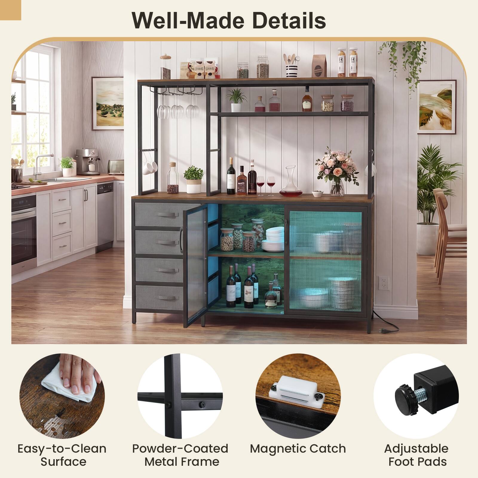 Well-Made Details

- Easy-to-Clean Surface
- Powder-Coated Metal Frame
- Magnetic Catch
- Adjustable Foot Pads