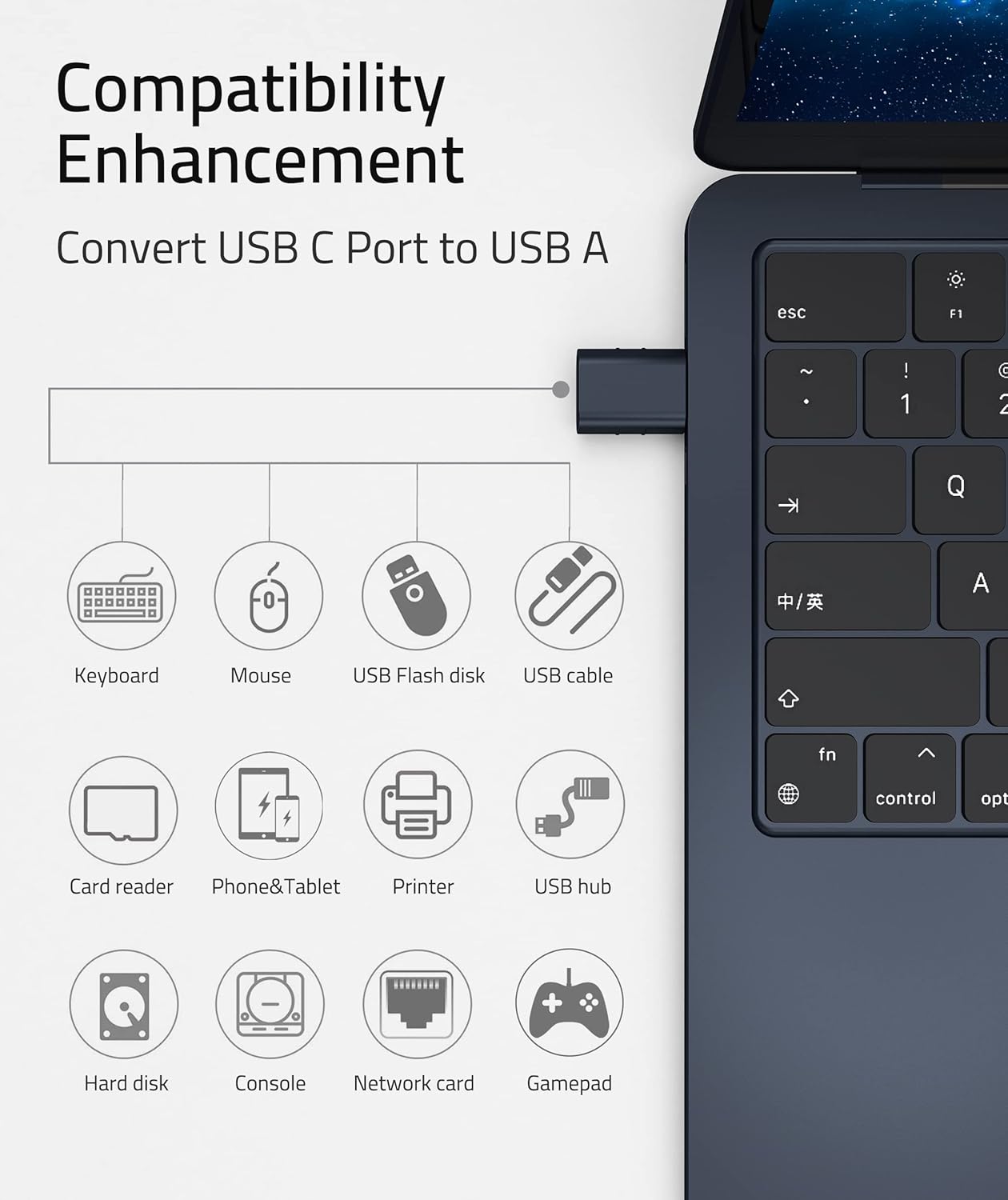 Compatibility Enhancement  
Convert USB C Port to USB A  

- Keyboard  
- Mouse  
- USB Flash disk  
- USB cable  
- Card reader  
- Phone&Tablet  
- Printer  
- USB hub  
- Hard disk  
- Console  
- Network card  
- Gamepad