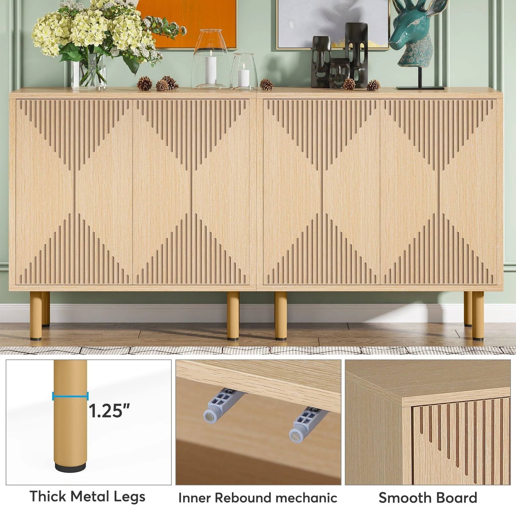 The text on the image is grouped as follows:

1. Thick Metal Legs: This refers to the legs of the cabinet, which are made of metal and provide support and stability.
2. Inner Rebound Mechanic: This refers to the inner structure of the cabinet, which is designed to provide a smooth and stable surface for the cabinet doors and drawers.
3. Smooth Board: This refers to the smooth surface of the cabinet doors and drawers, which are made of wood and provide a sleek and modern appearance.