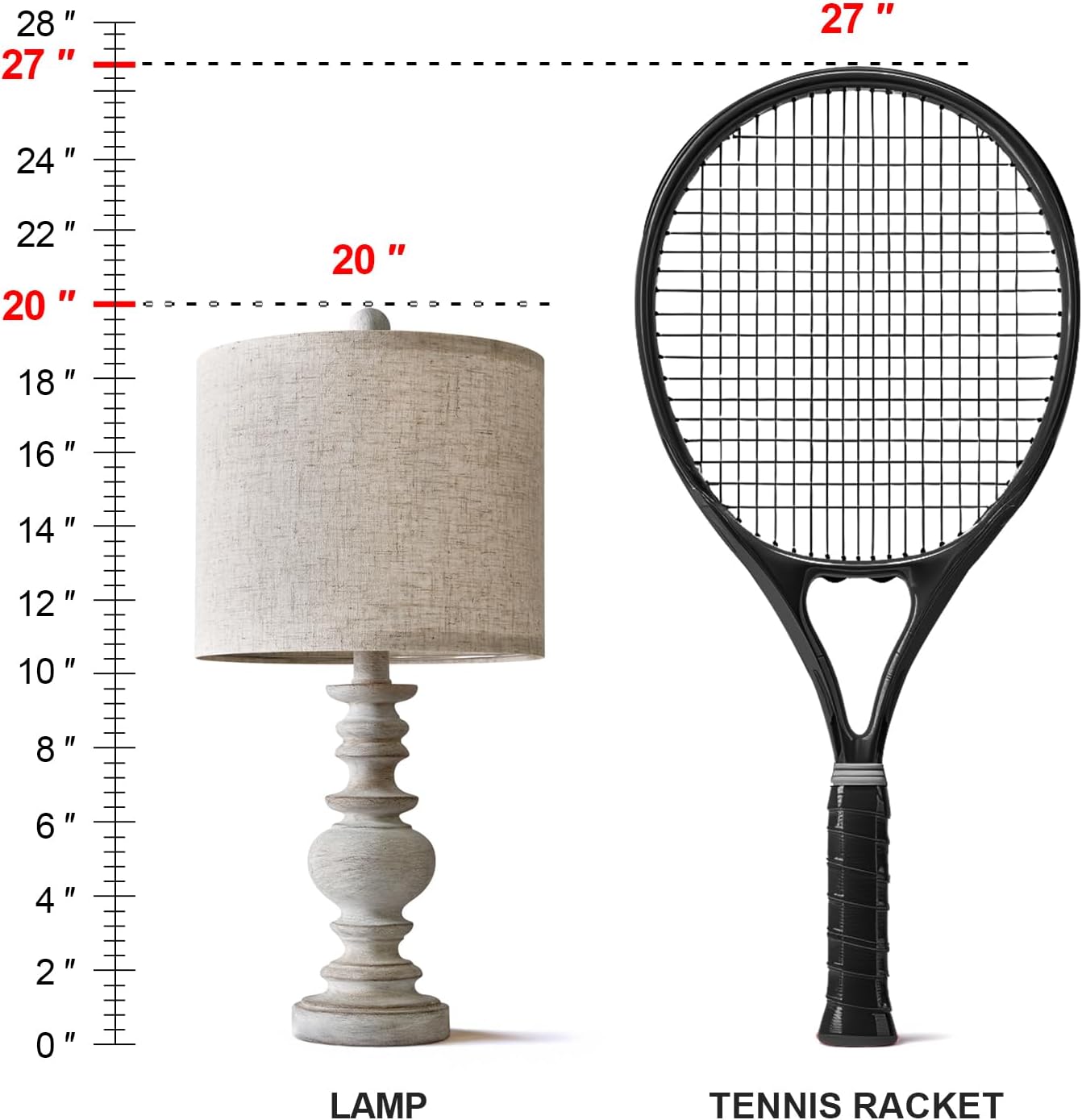 - LAMP: 20"
- TENNIS RACKET: 27"