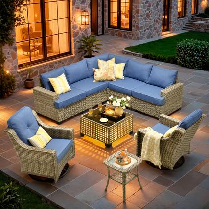Front. Ovios - 9 PCS Patio Furniture Set Sectional Sofa with Swivel Rocking Chair, Coffee Table & Side Table - Denim Blue.