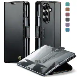 Dteck - Wallet Case for Samsung Galaxy Z Fold7 Premium Leather RFID Card Slots Kickstand Shockproof Magnetic Clasp Cover - Black