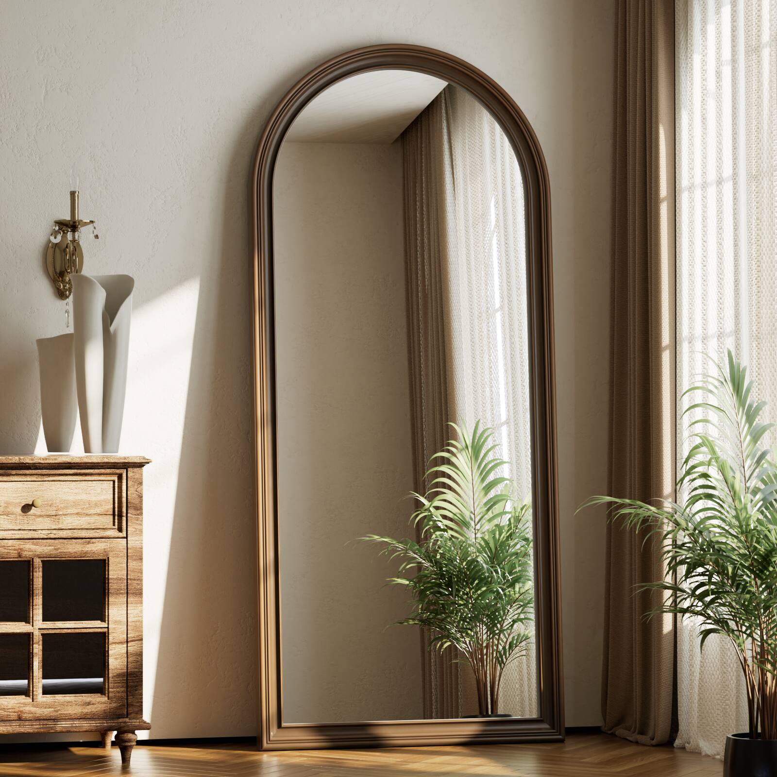 Angle. Easly - Antique Bronze 32 in. W x 71 in. H Arched PU Frame Full Length Mirror Floor Mirror - Antique Bronze.