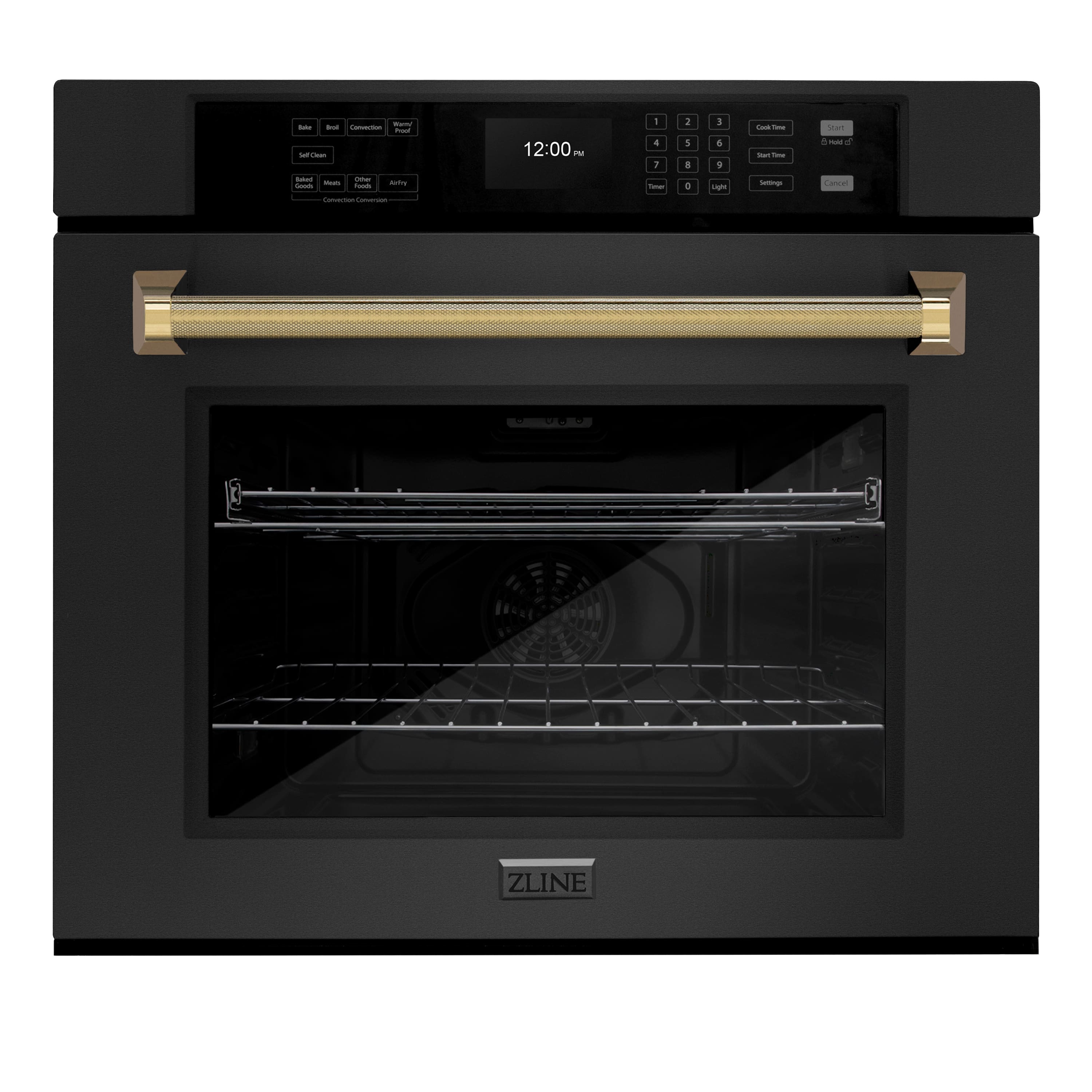 ZLINE Autograph 30 in. True Convection Single Wall Oven in Black Steel with Gold Helix Handle (WASBZ-30-KG) Front