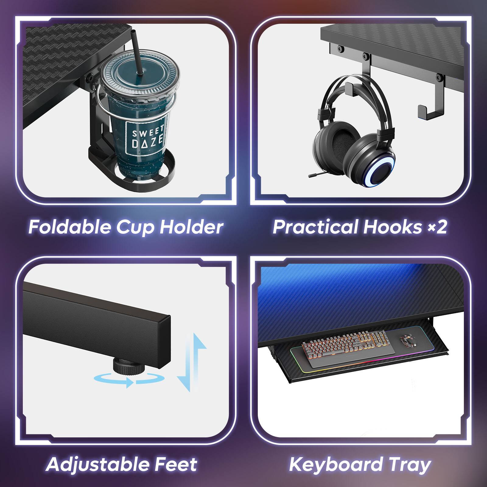 SWEET DAZE Foldable Cup Holder Practical Hooks x2 Adjustable Feet Keyboard Tray