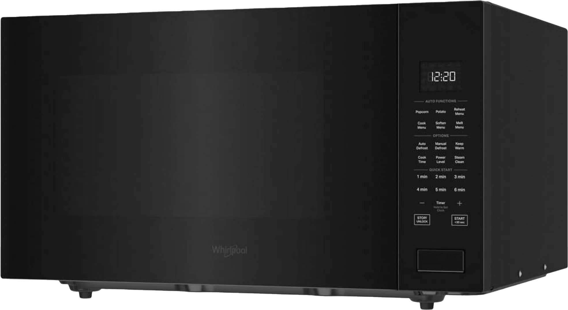 The text on the image reads:
12:20 Auto Functions
Popcorn Potato Reheat Menu
Cook More/Sofen Menu
Melt Menu
Options
Auto Manual Defrost
Defrost
Keep Warm
Cook Time
Power Level
Steam Clean
QUICK START
1 min
2 min
3 min
4 min
5 min
6 min
Timer + STOP
UNLOCK
START
-30 Whirlpool