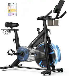 MERACH - Exercise Bike with Bluetooth, Infinite Resistance, Wide Comfort Seat, 330 lbs Capacity, Quiet Magnetic Resistance - Blue