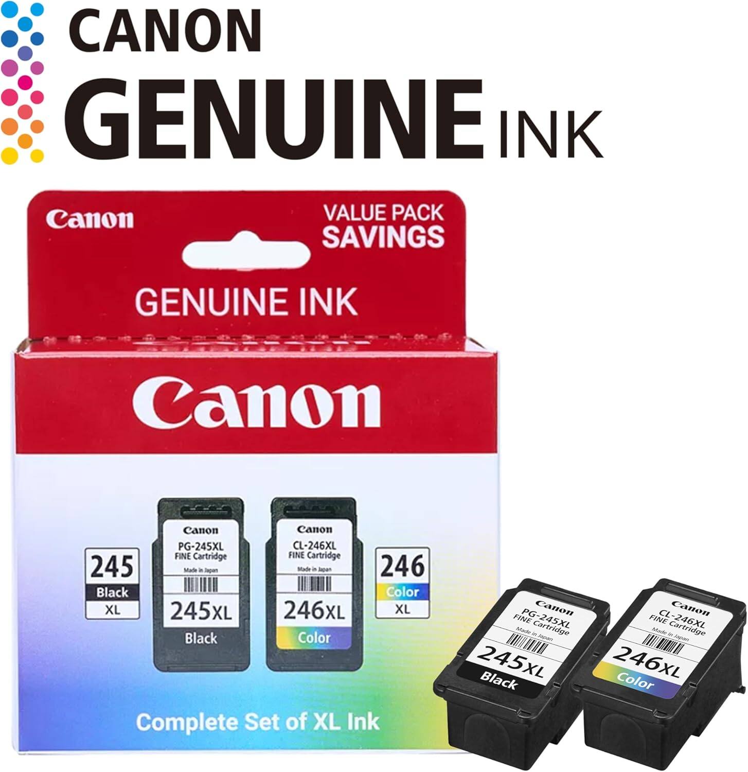 CANON GENUINE INK  
Canon VALUE PACK SAVINGS  
GENUINE INK  
Canon PG-245XL CL-246XL FINE Cartridge  
Complete Set of XL Ink  
245XL Black  
246XL Color