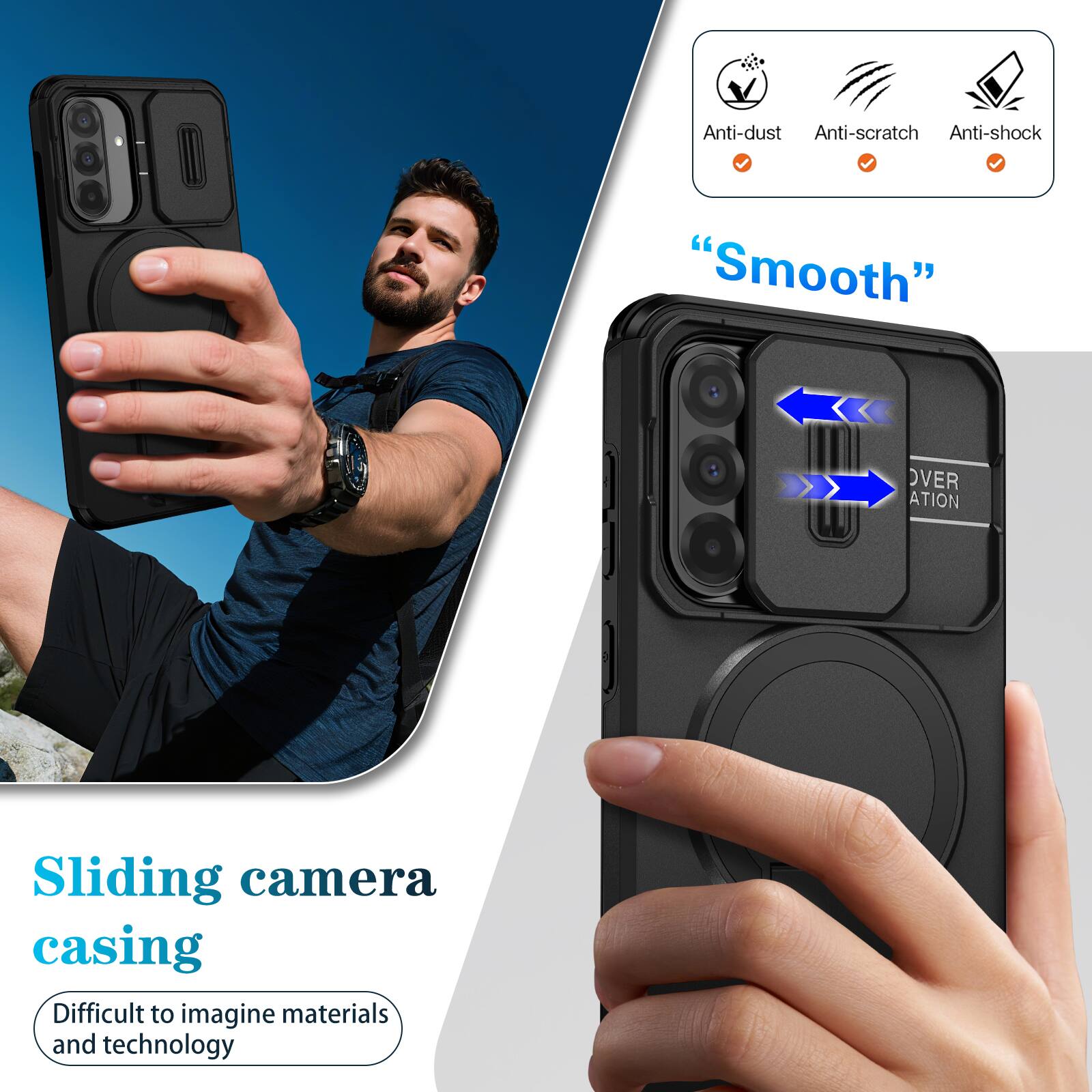 Anti-dust  
Anti-scratch  
Anti-shock  
"Smooth"  
Sliding camera casing  
Difficult to imagine materials and technology