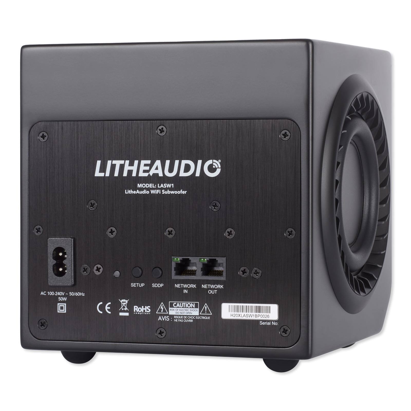 LITHEAUDIO  
MODEL: LASW1  
LitheAudio WiFi Subwoofer  

AC 100-240V 50/60Hz  
50W  

SETUP  
SDPP  
NETWORK IN  
NETWORK OUT  

CAUTION  
RISQUE DE CHOC ÉLECTRIQUE  
AVIS: RISQUE DE CHOC ÉLECTRIQUE  

RoHS  

H20LASW1 BP0025  
Serial No:  

CE  

H20LASW1 BP0025