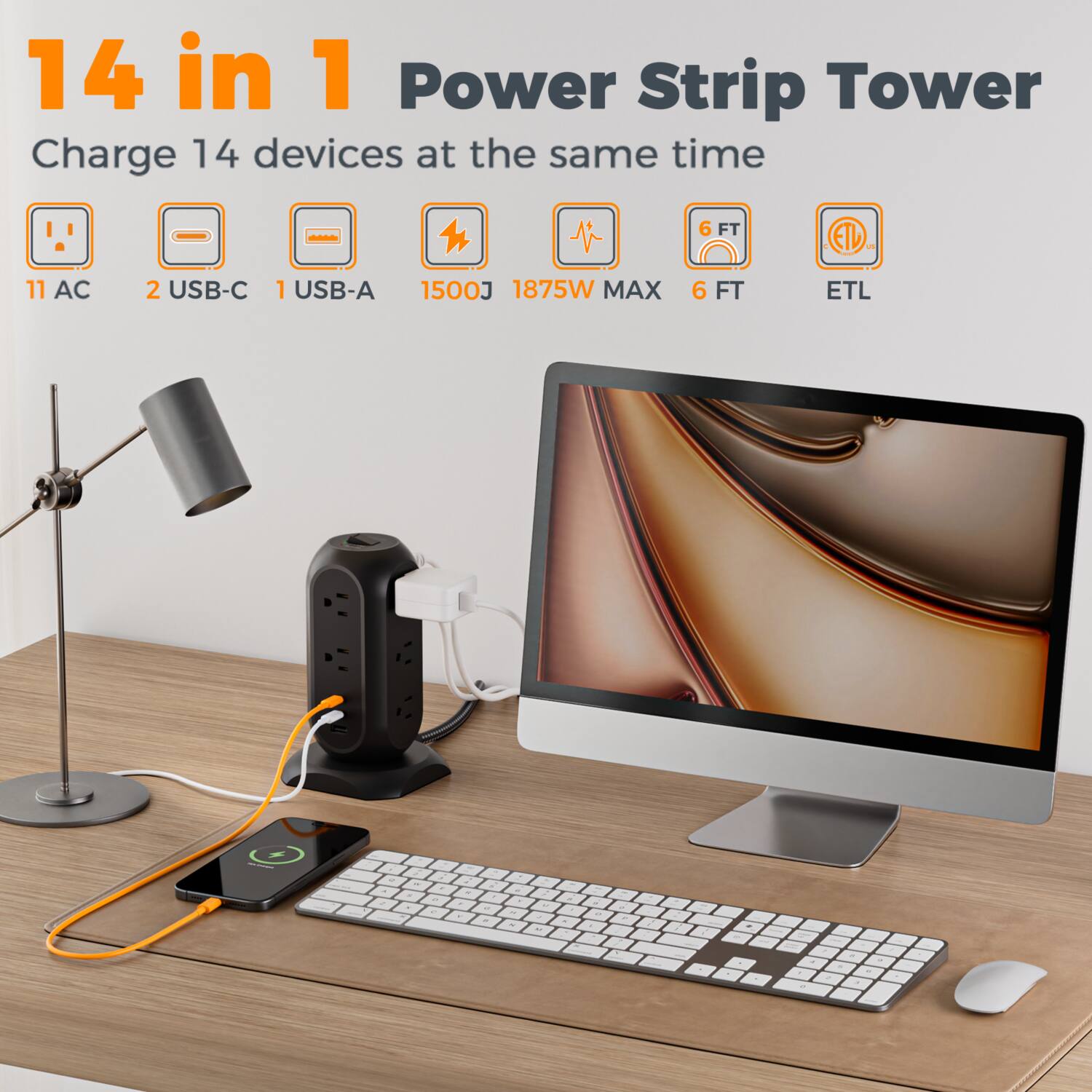 14 in 1 Power Strip Tower  
Charge 14 devices at the same time  
11 AC 2 USB-C 1 USB-A 1500J 1875W MAX 6 FT ETL
