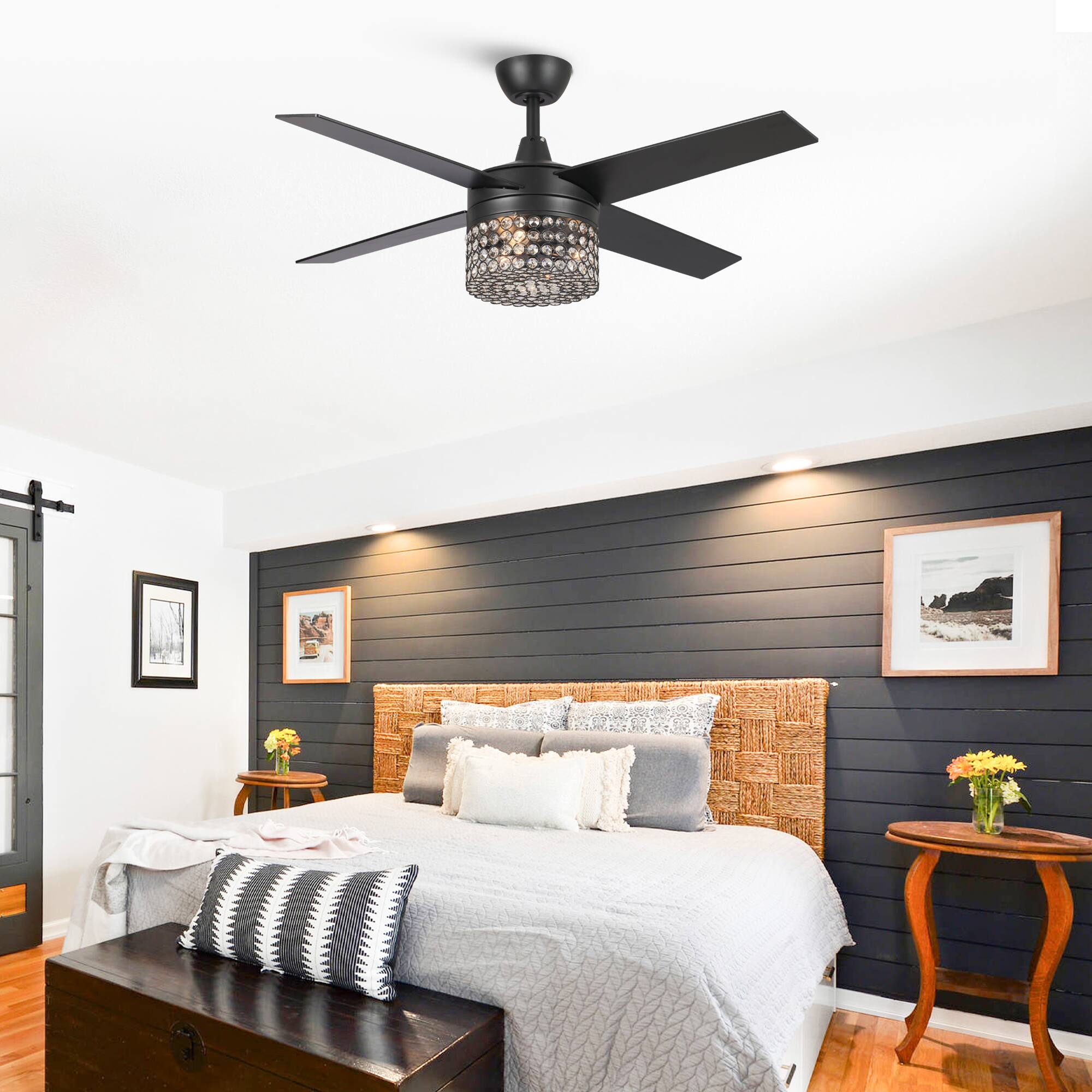 Angle. Parrot Uncle - 48" Black Wood 4-Blade Crystal Fandelier Ceiling Fan with Remote and Light - Black.