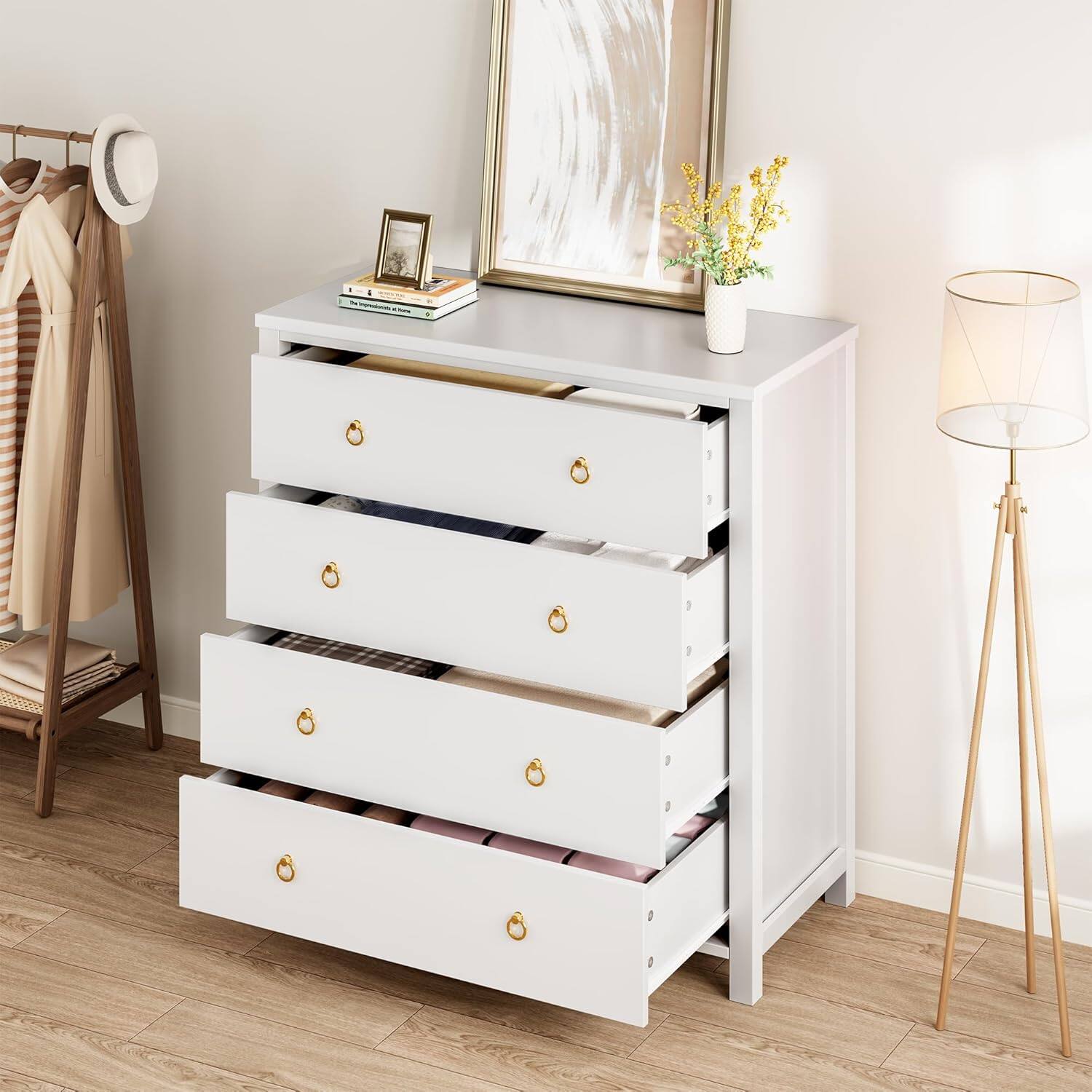 Back. Homhougo - Dresser for Bedroom Chest of Dressers 37 in Tall Dresser for Closet with 4 Drawers Nightstand Large Clothes Storage - White 4 Drawers.