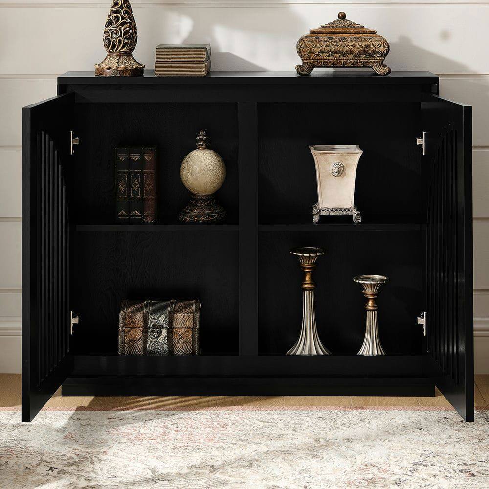 Alt View 4. Kadyn - Mid-Century Fluted Sideboard with 2 Outlet Holes - Black - Black.
