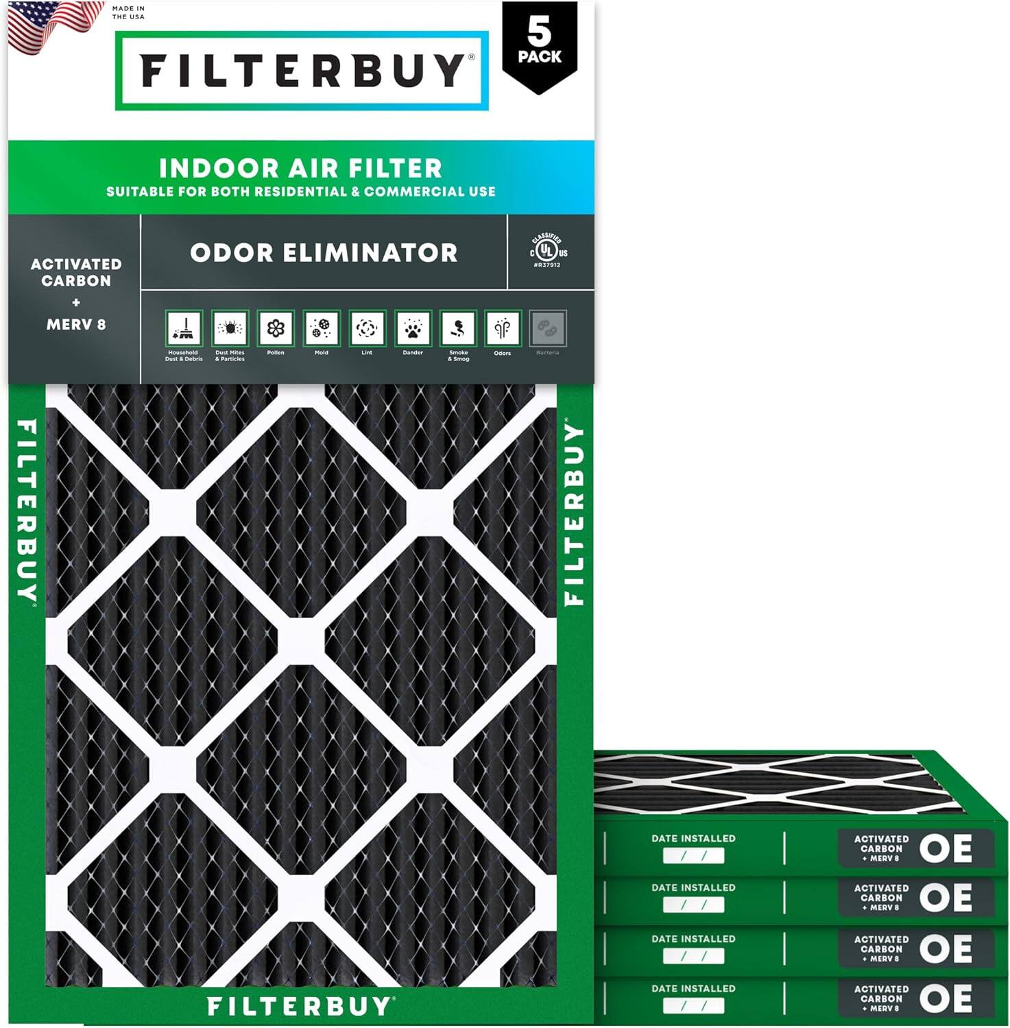 Filterbuy - 10x20x1 MERV 10 Odor & Allergy Defense, Electrostatic Pleated HVAC AC Furnace Air Filters Replacement (5-Pack) - Black