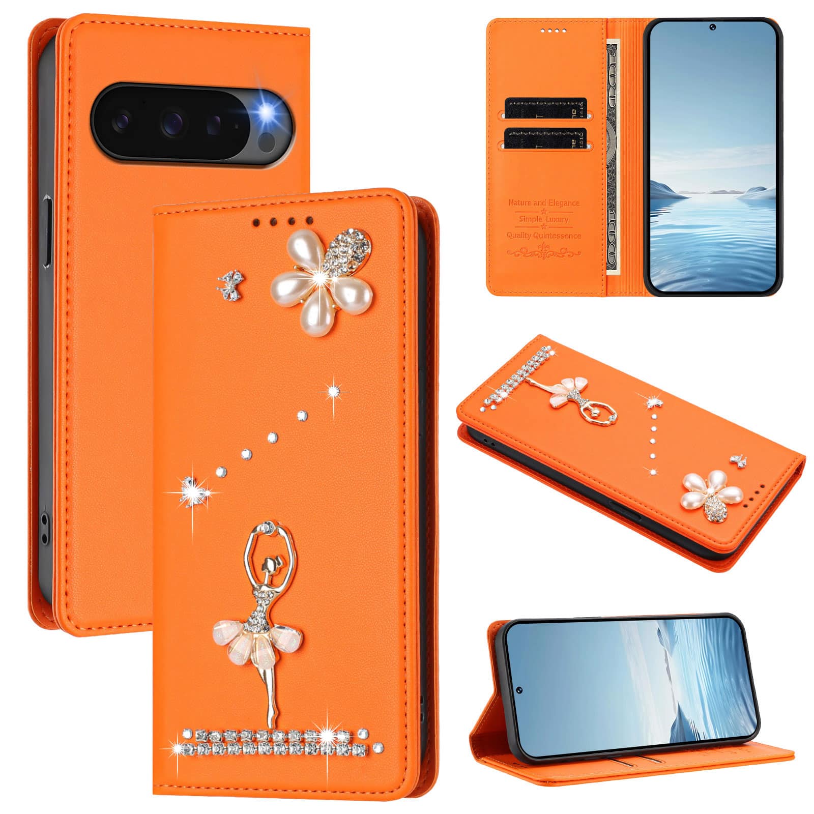 Dteck - 3D Bling Ballerina Wallet Case for Google Pixel 10 Pro, RFID Blocking PU Leather Flip Cover with Card Slots - Orange