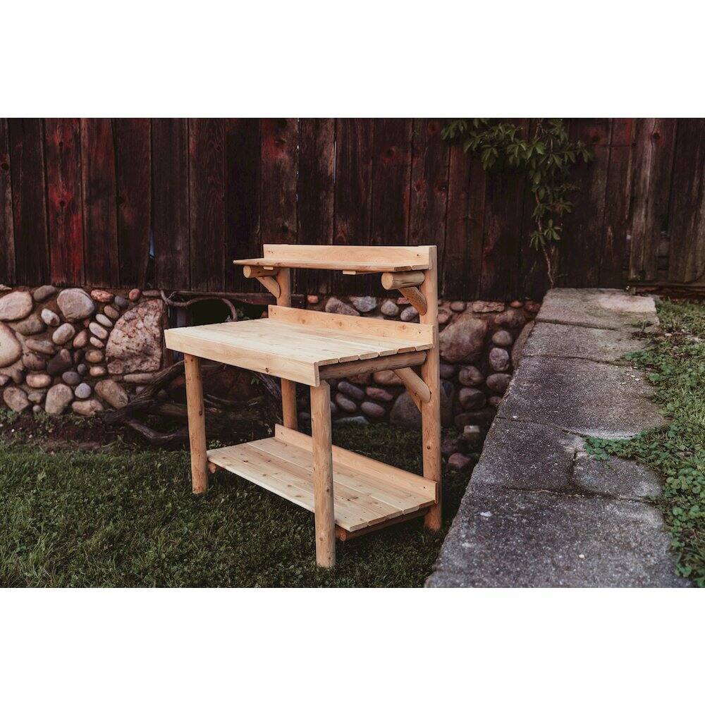 Alt View 2. Contoured Comfort - Cedar Log 4 Foot Potting Table.