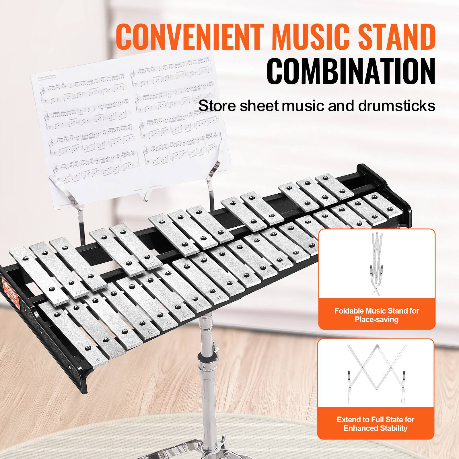 CONVENIENT MUSIC STAND COMBINATION

Store sheet music and drumsticks

Foldable Music Stand for Place-saving

Extend to Full State for Enhanced Stability