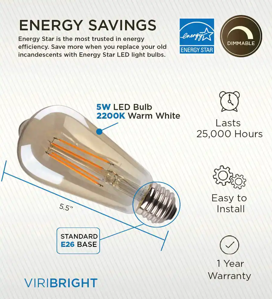 22k Led Color VIRIBRIGHT ST19 LED Bulb, Filament, Energy Star, Amber – 2200K (4 Pack ...