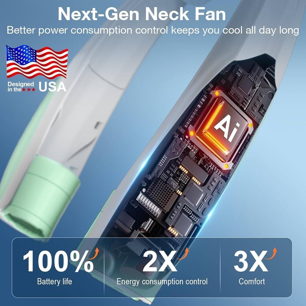 Next-Gen Neck Fan  
Better power consumption control keeps you cool all day long  
Designed in the USA  
100% Battery life  
2X Energy consumption control  
3X Comfort