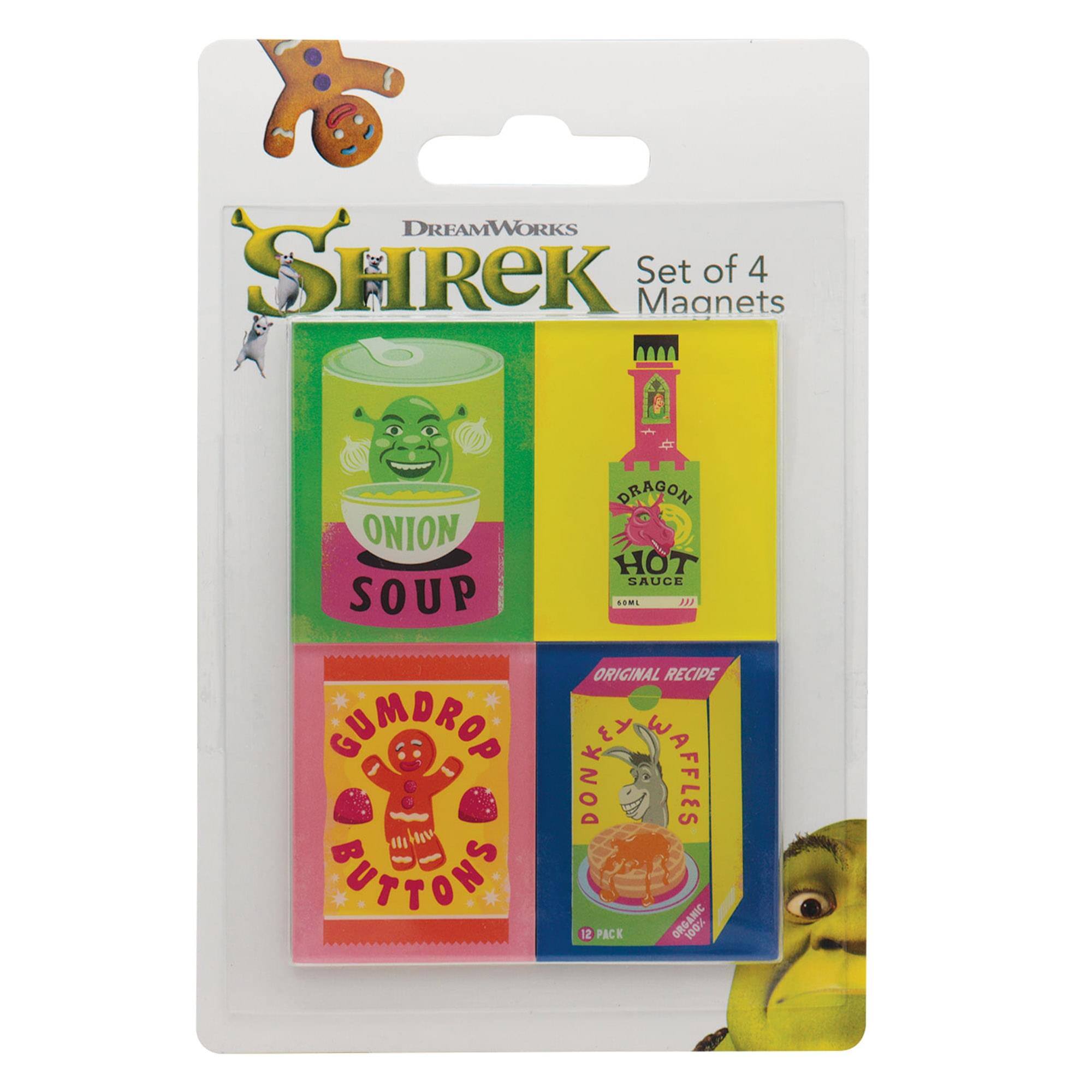 DREAMWORKS SHREK Magnets Set of 4  
ONION SOUP  
DRAGON HOT SAUCE  
EMS J ORIGINAL RECIPE  
SUMDROD  
DONKEY WAFFLES  
BUTTONS  
12 PACK ORGANIC