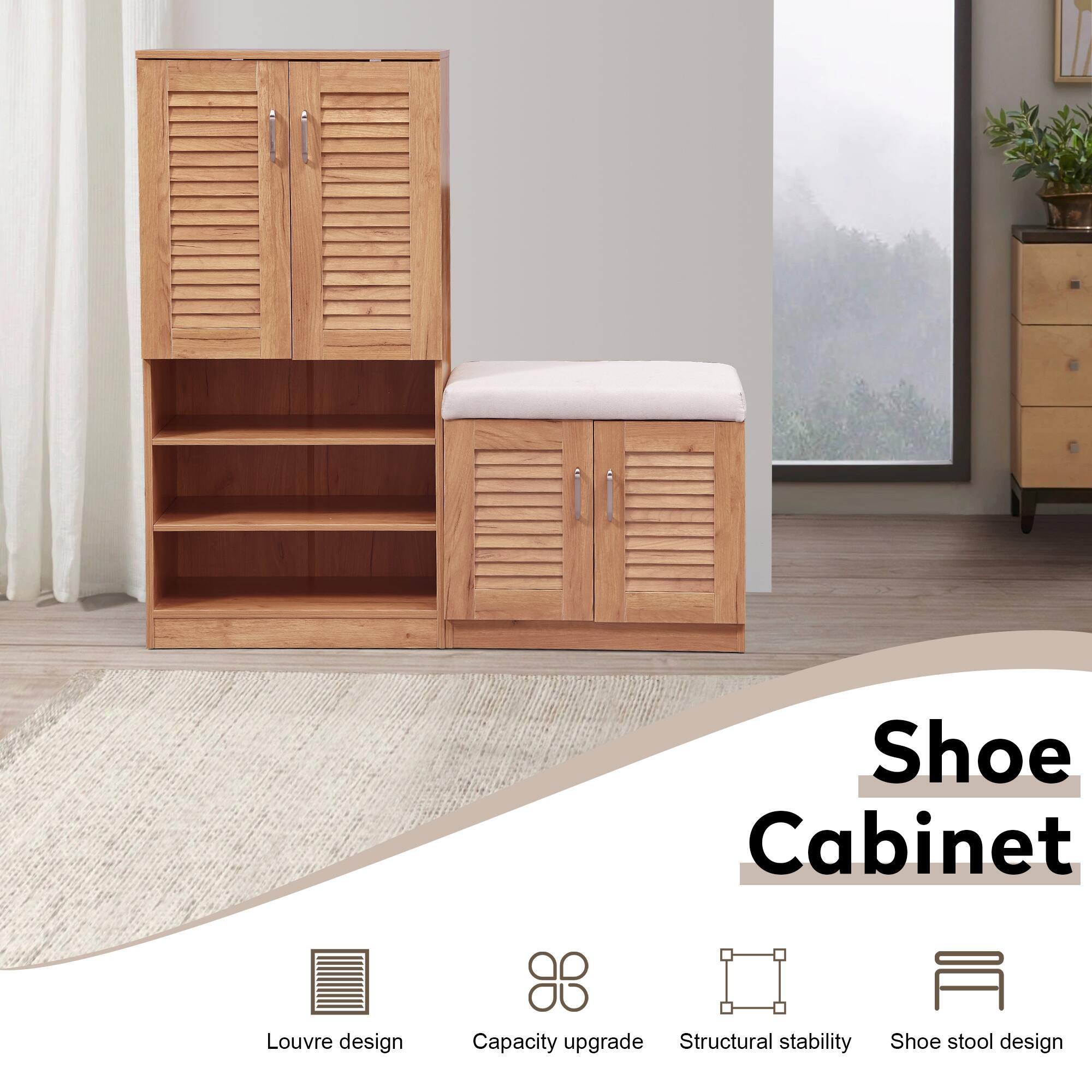 Shoe Cabinet  
Louvre design  
Capacity upgrade  
Structural stability  
Shoe stool design